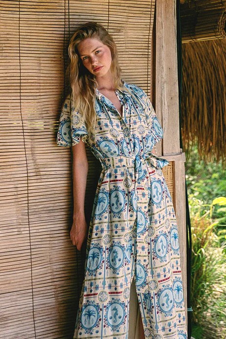 Ocean Print Single Breasted Flapped Midi Dress