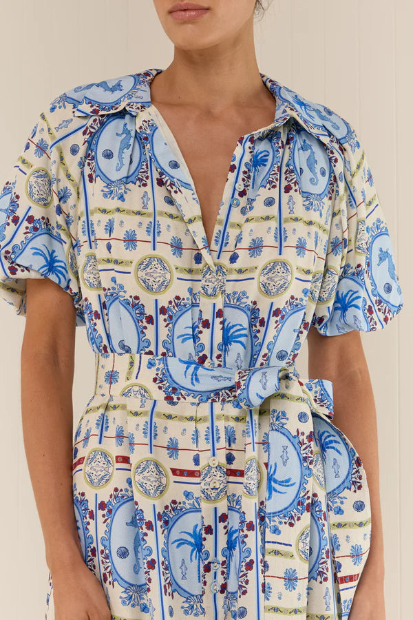 Ocean Print Single Breasted Flapped Midi Dress
