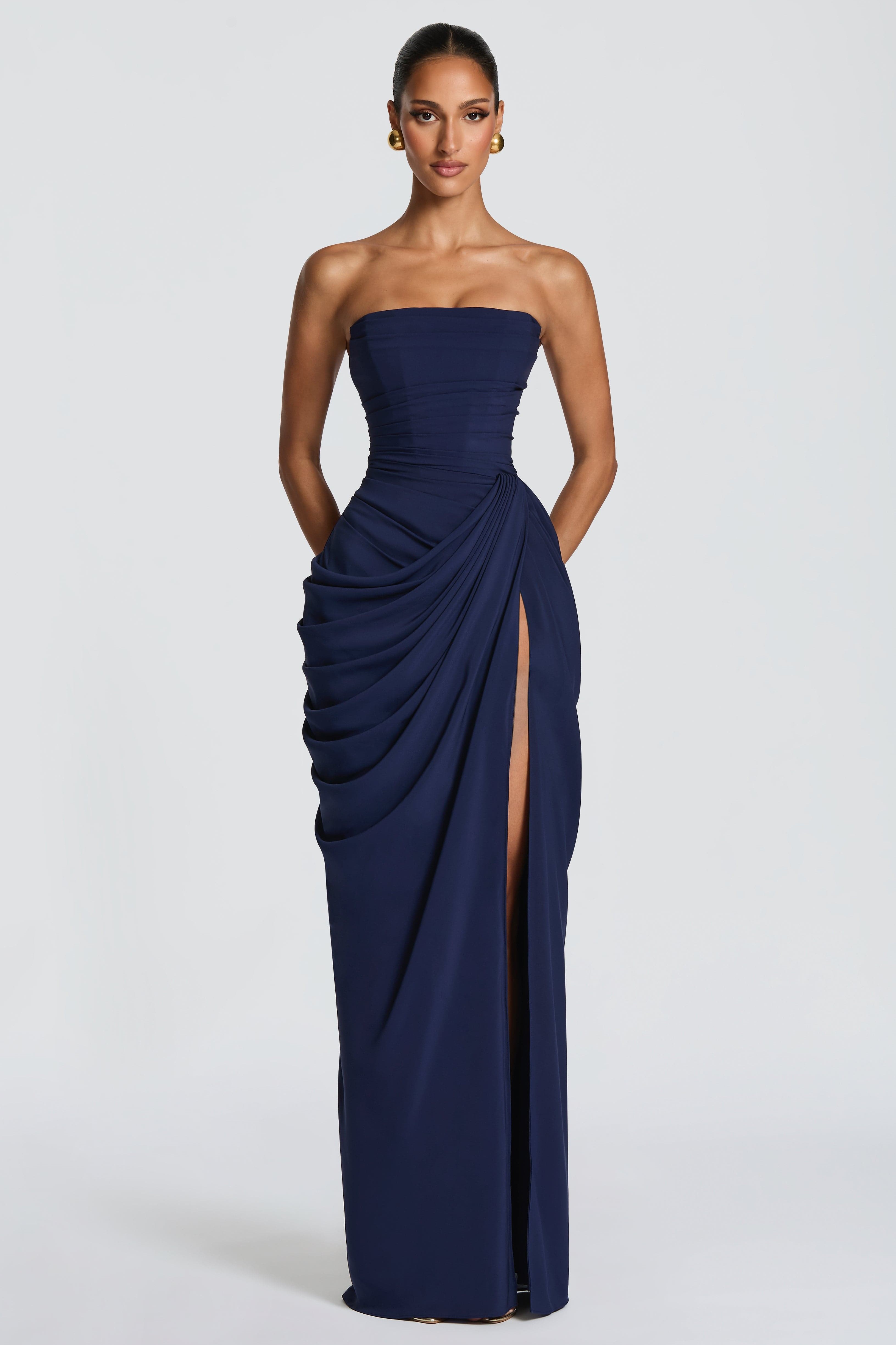 Ruched Strapless Slit Midi Dress