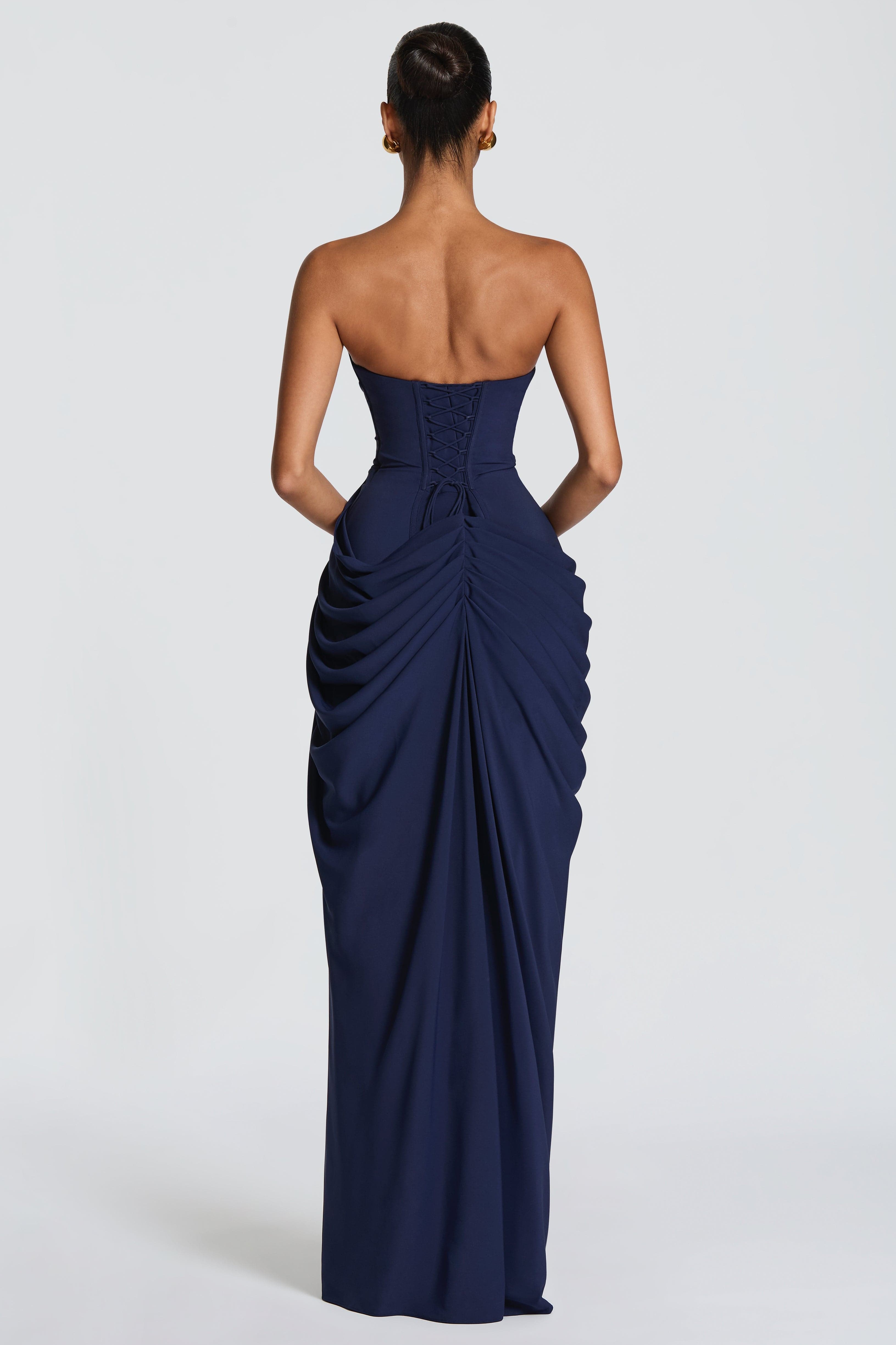 Ruched Strapless Slit Midi Dress