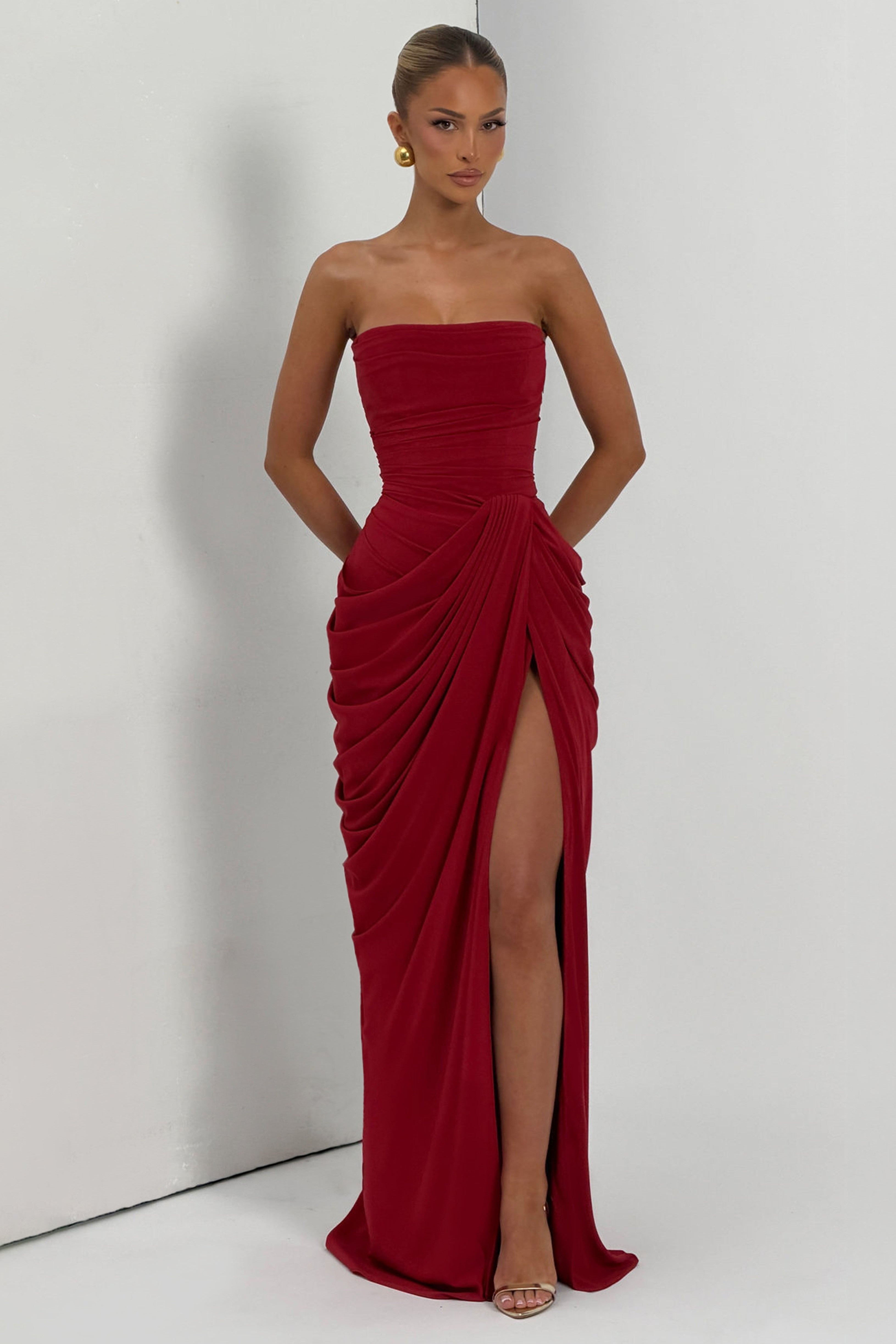 Ruched Strapless Slit Midi Dress