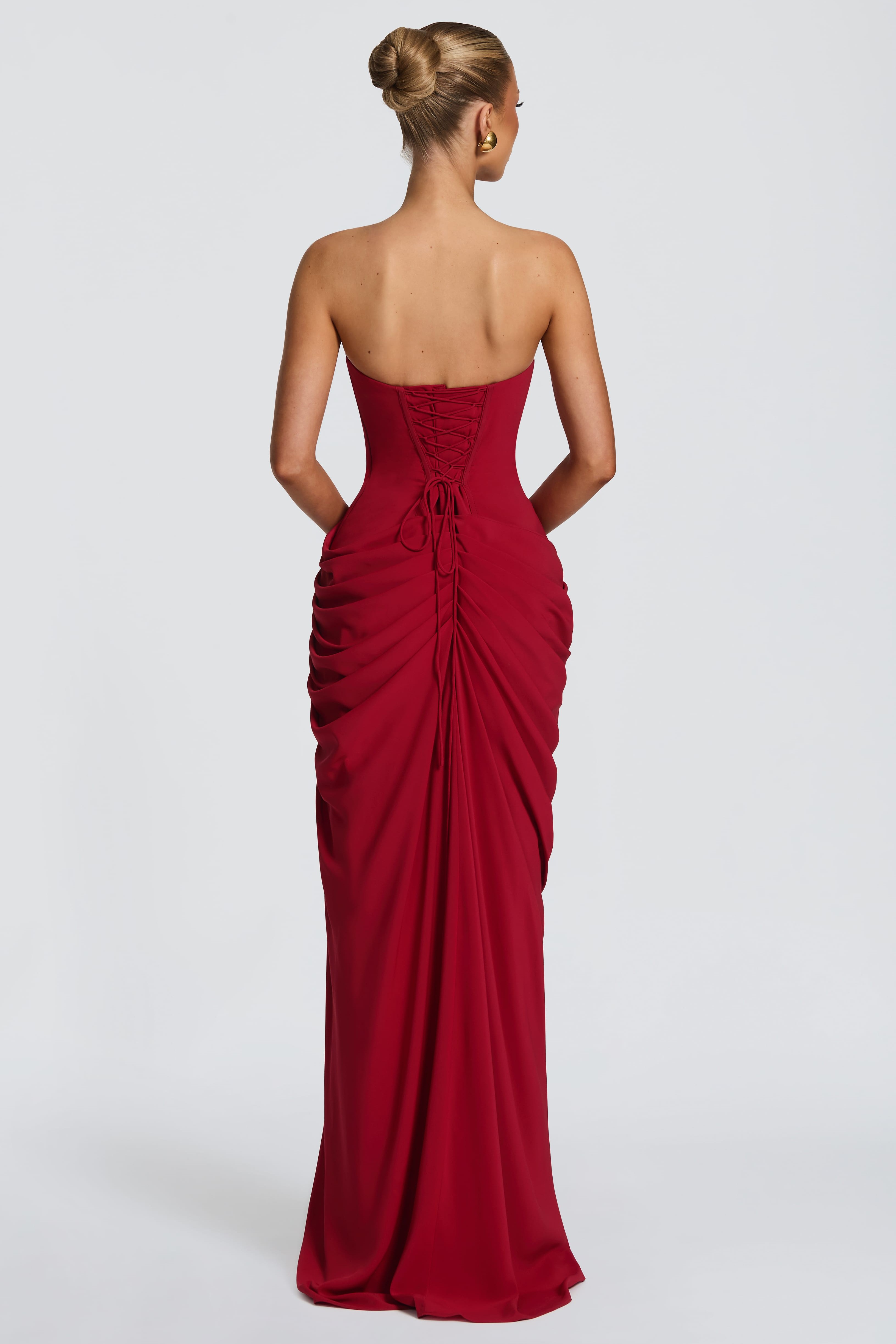 Ruched Strapless Slit Midi Dress