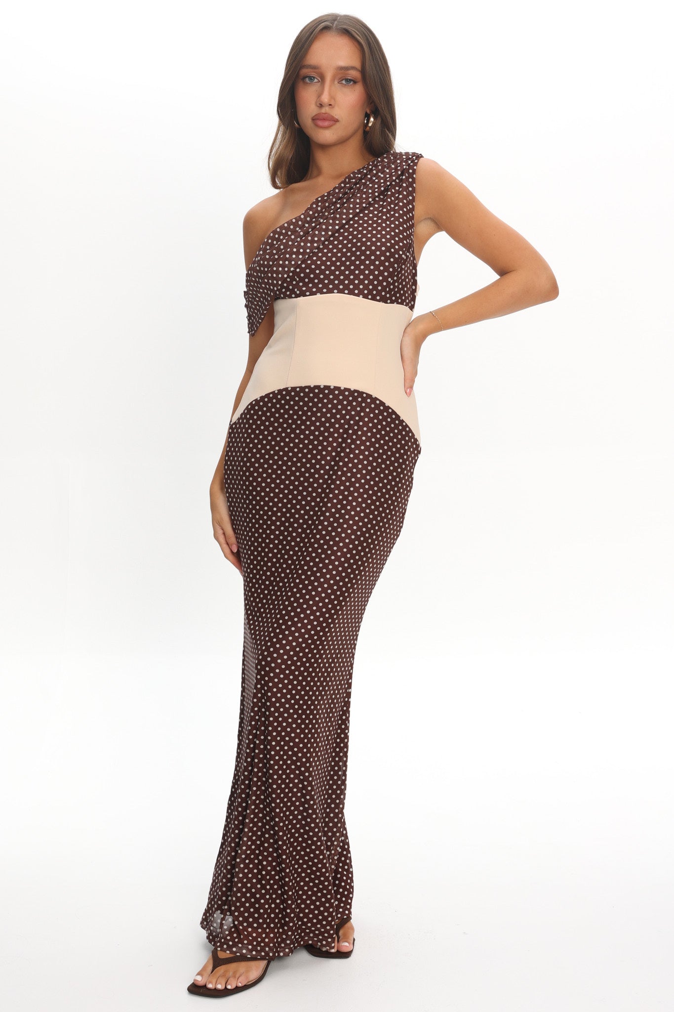 Polka Dots Print Asymmetric Neckline Contrast Maxi Dress