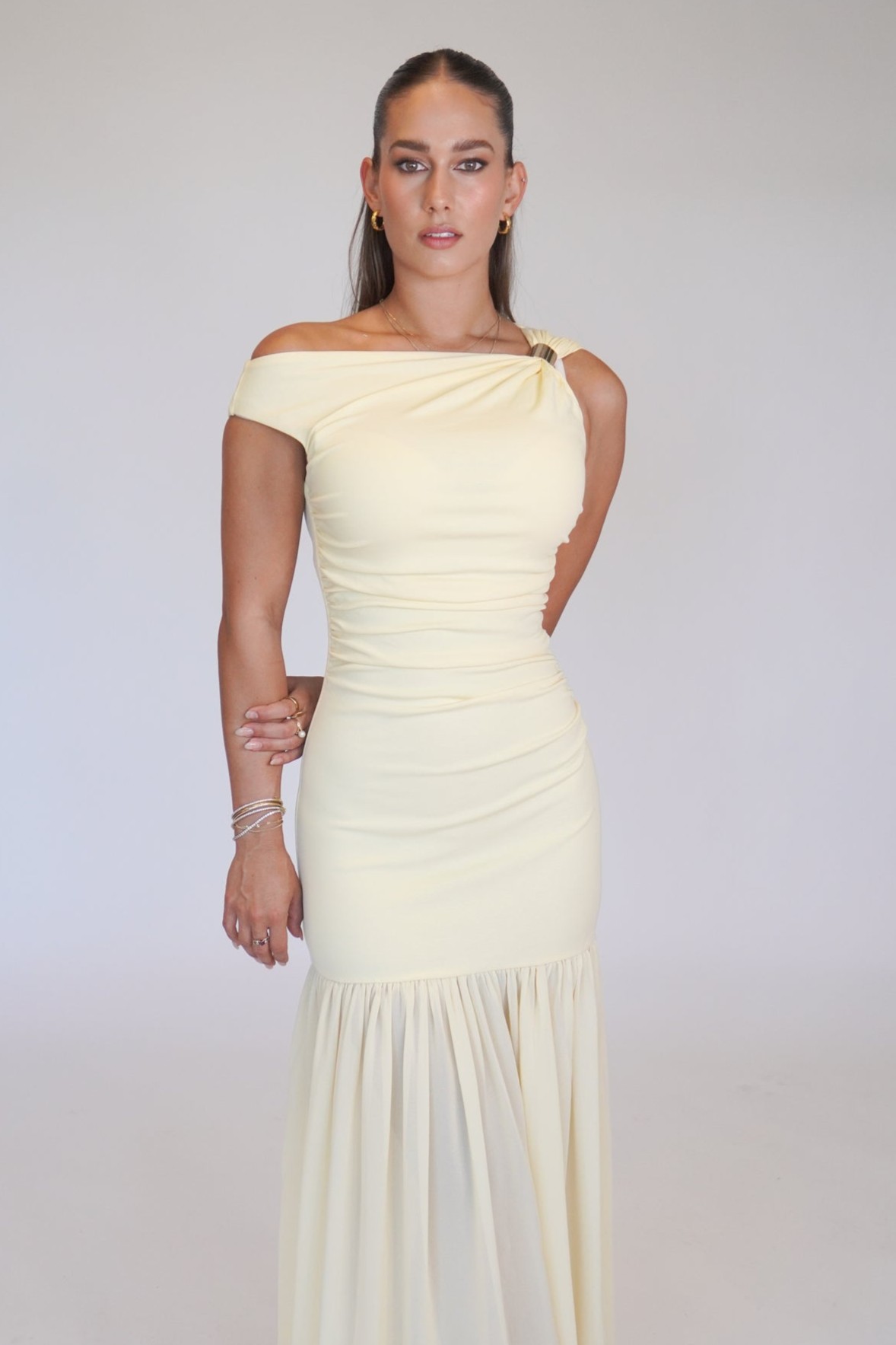 Solid Metal Decorations Skew Collar Maxi Dress