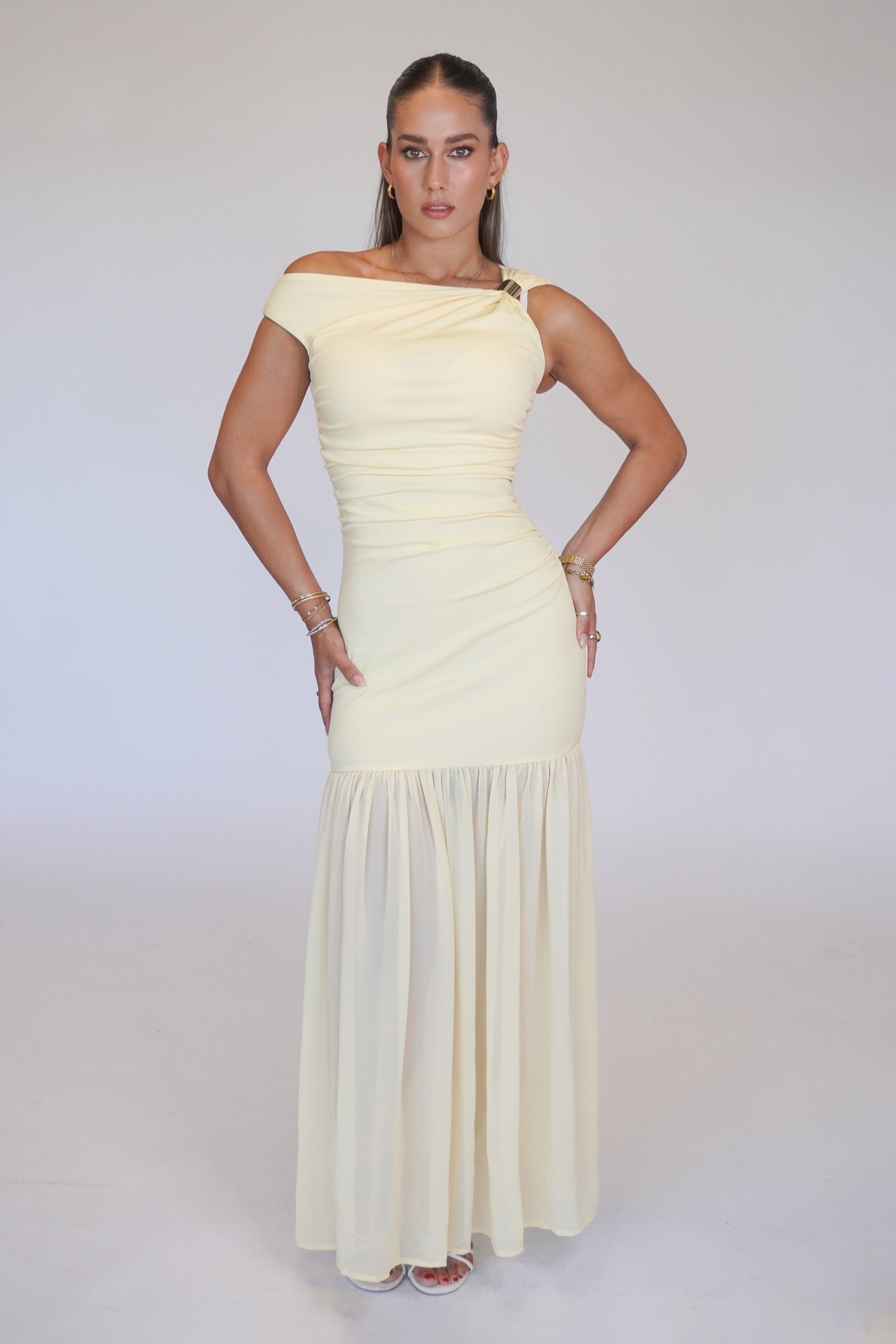 Solid Metal Decorations Skew Collar Maxi Dress
