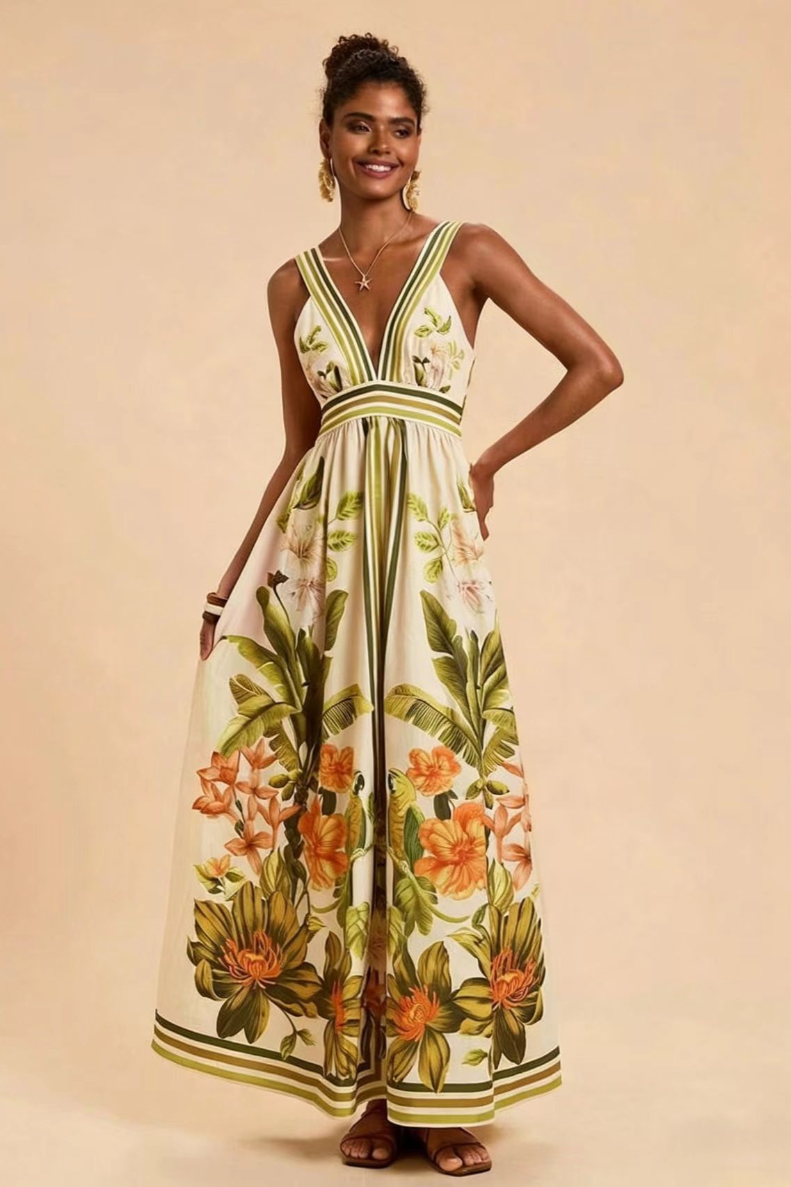 Floral V-Neck Smocking Midi Dress
