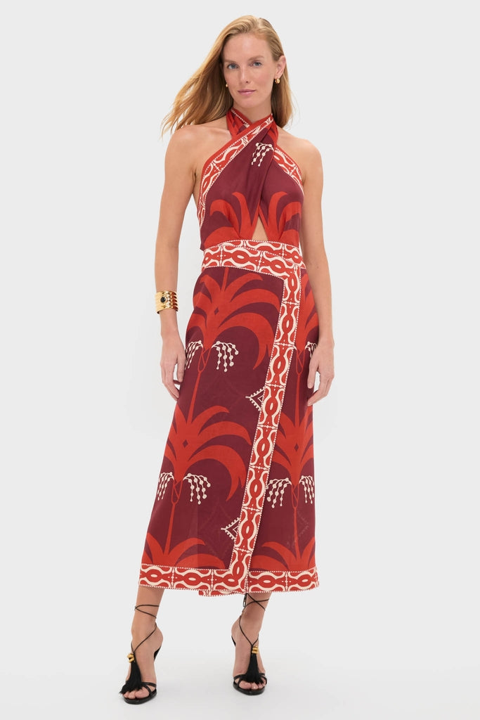 Abstract Print Tie-Up Backless Midi Dress