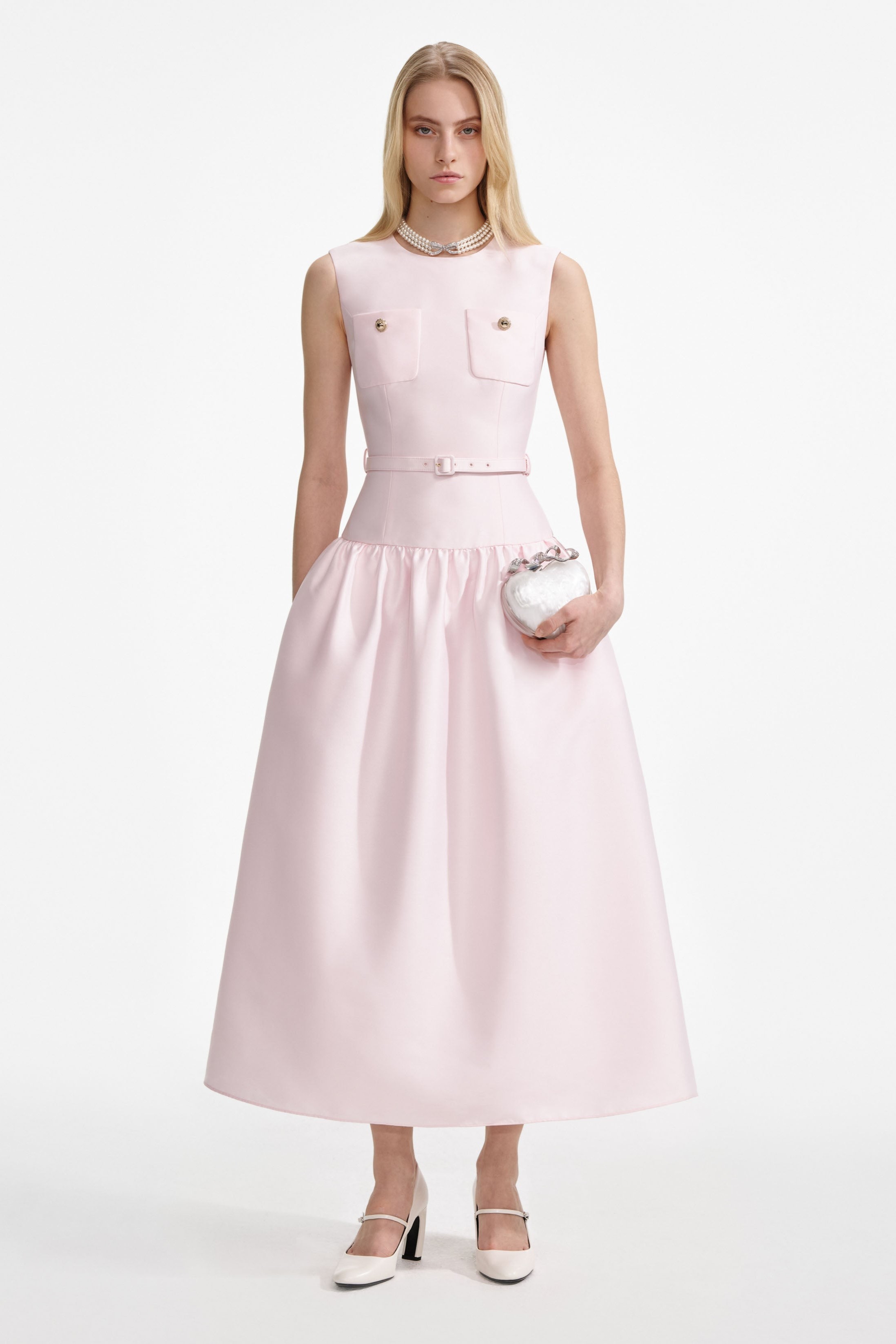 Satin Sleeveless Metal Button  Midi Dress With Belt