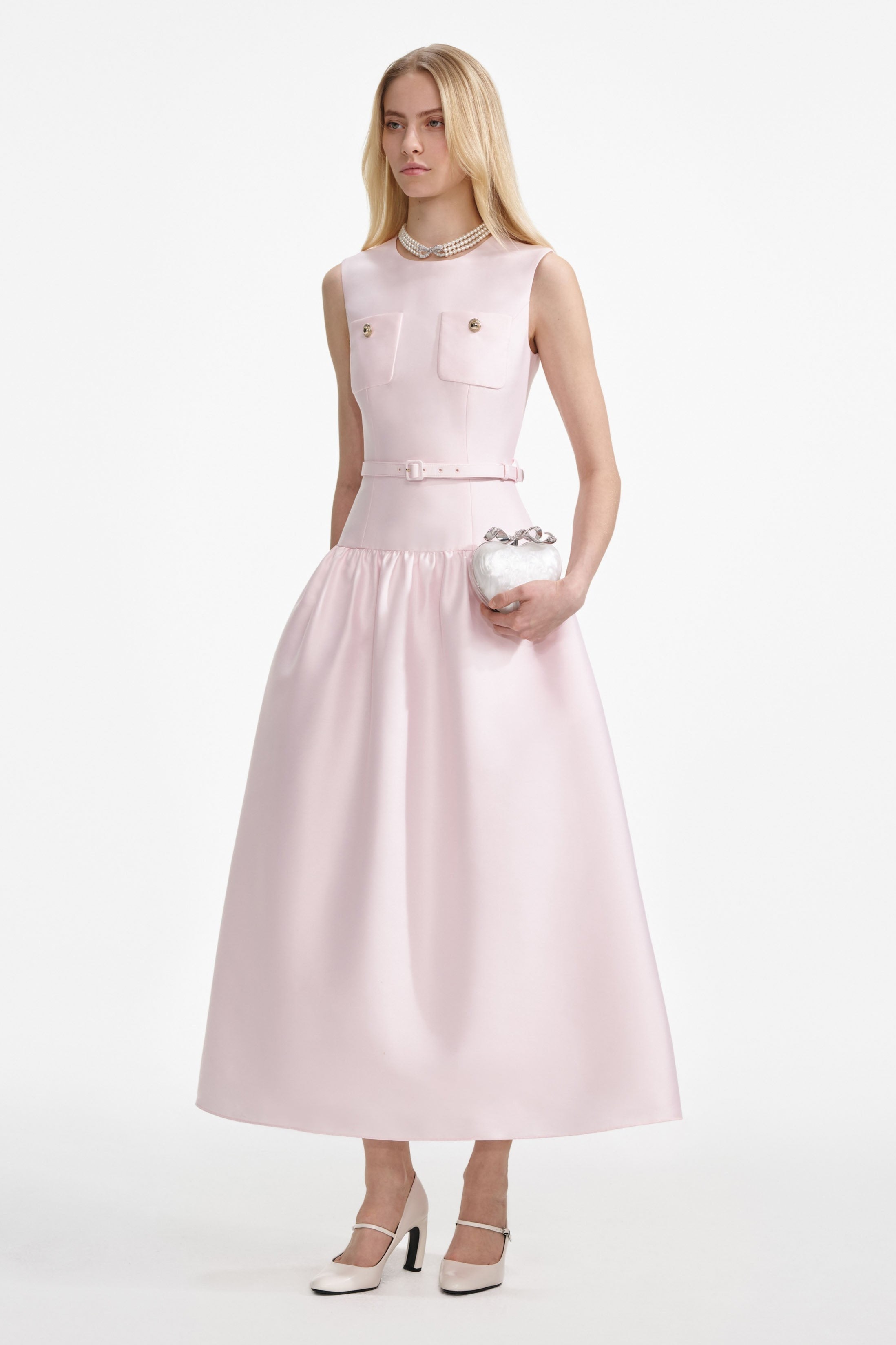 Satin Sleeveless Metal Button  Midi Dress With Belt
