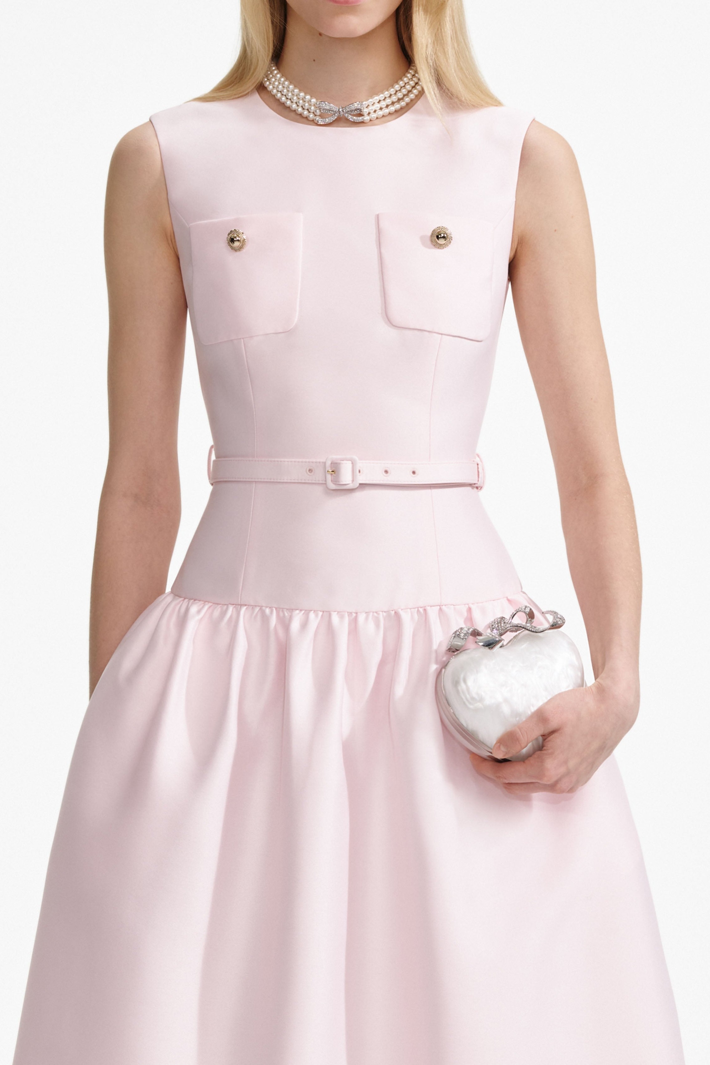 Satin Sleeveless Metal Button  Midi Dress With Belt