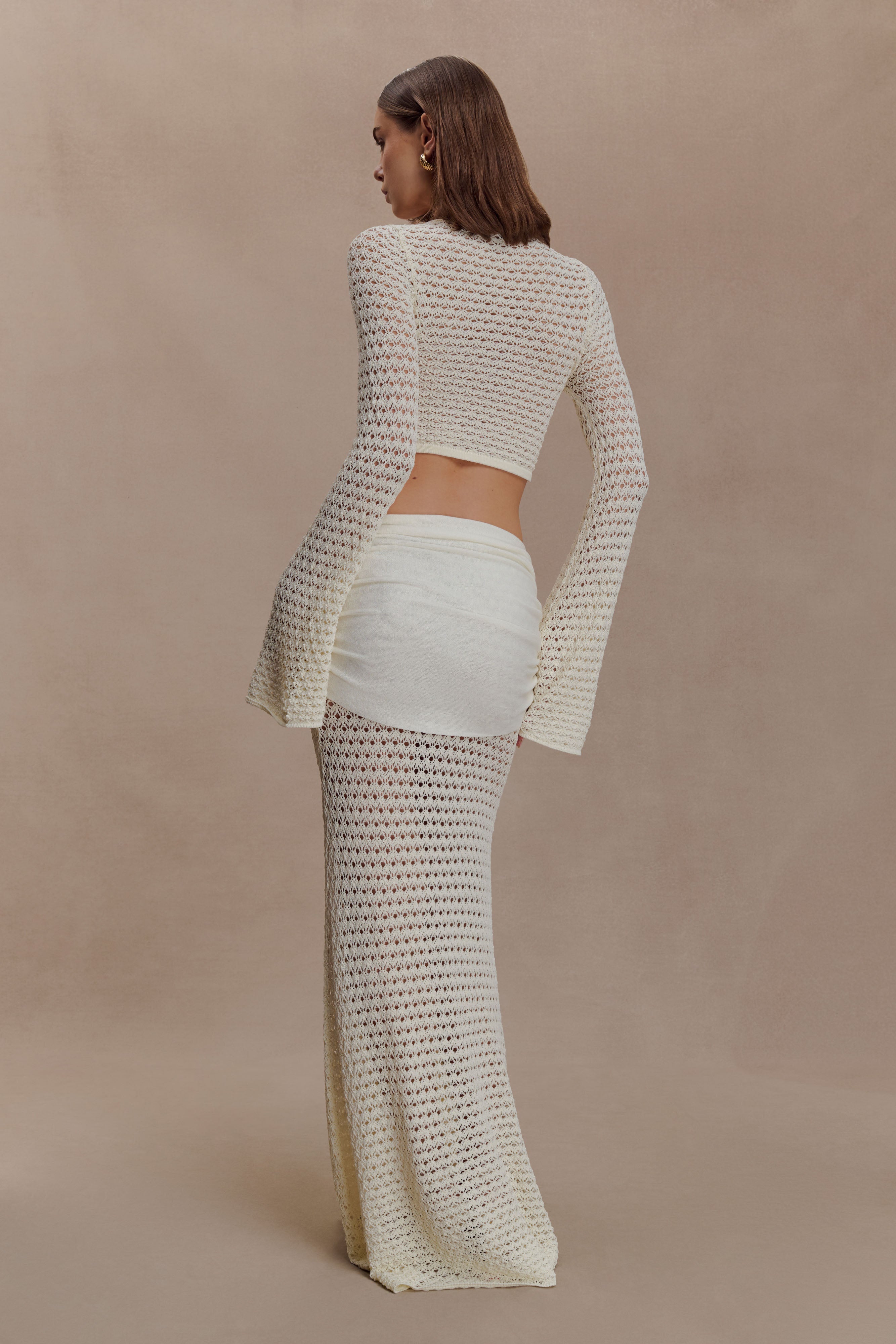 Crochet See-Through Metal Decorations Top & Low Waist Skirt Set