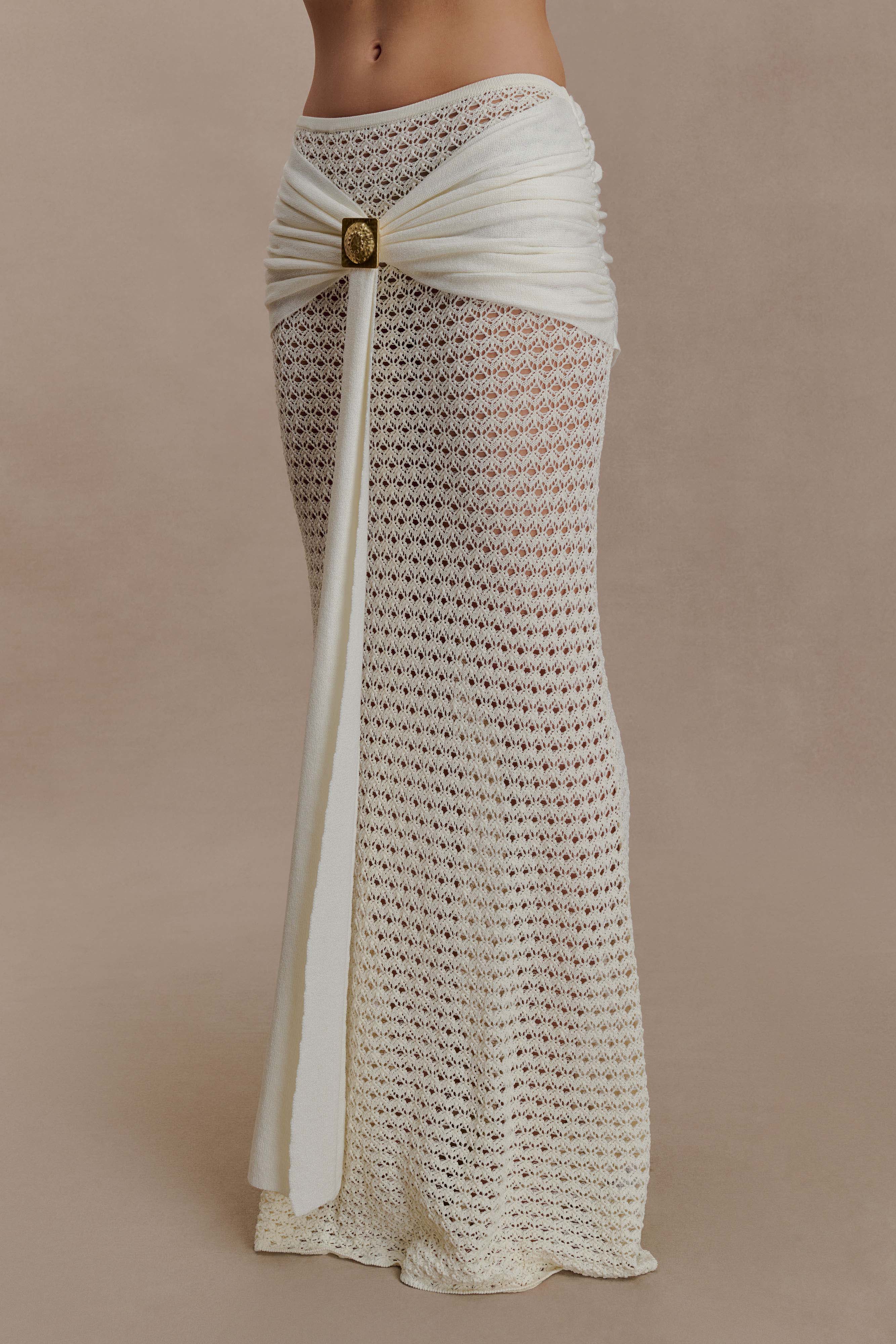 Crochet See-Through Metal Decorations Top & Low Waist Skirt Set