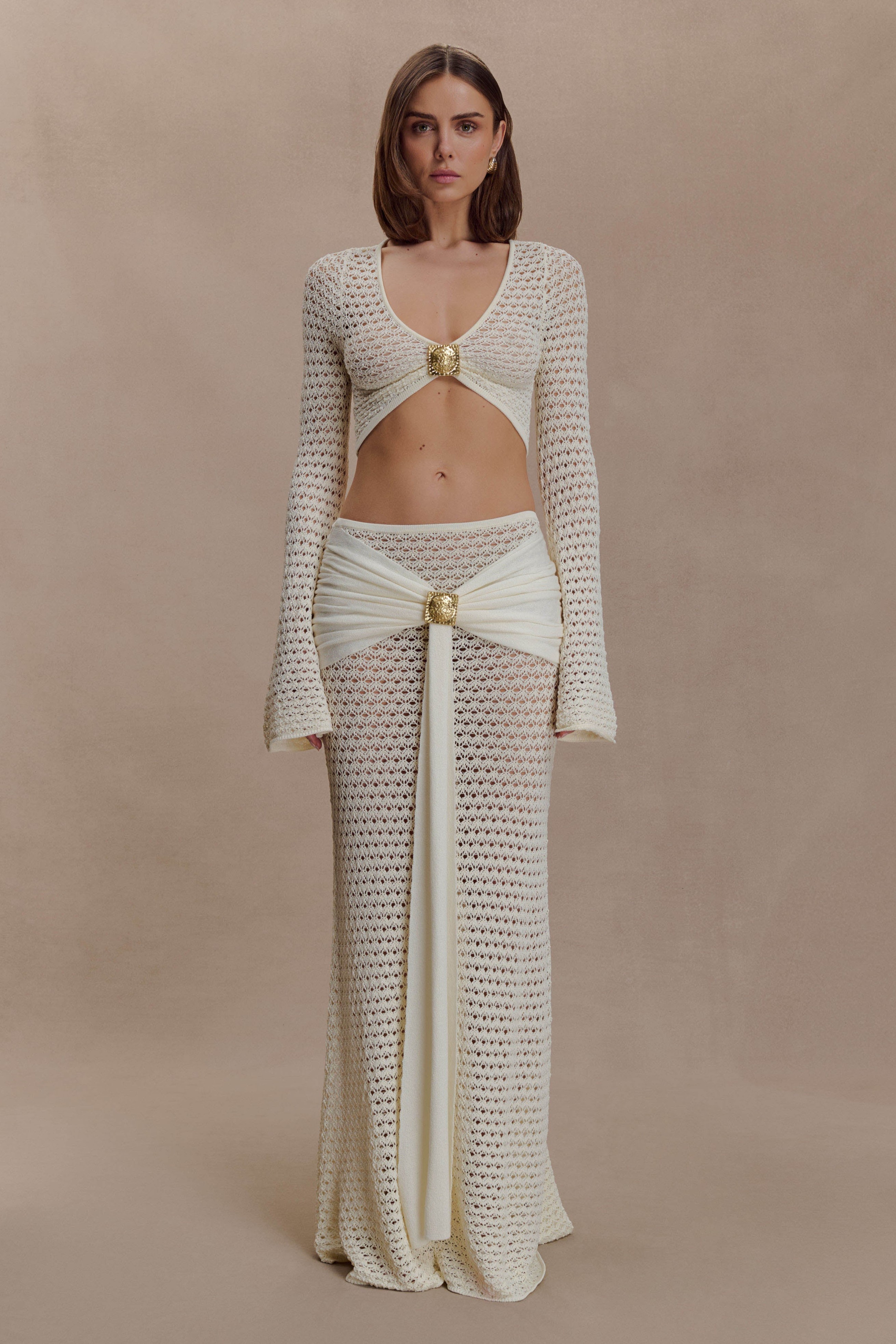 Crochet See-Through Metal Decorations Top & Low Waist Skirt Set