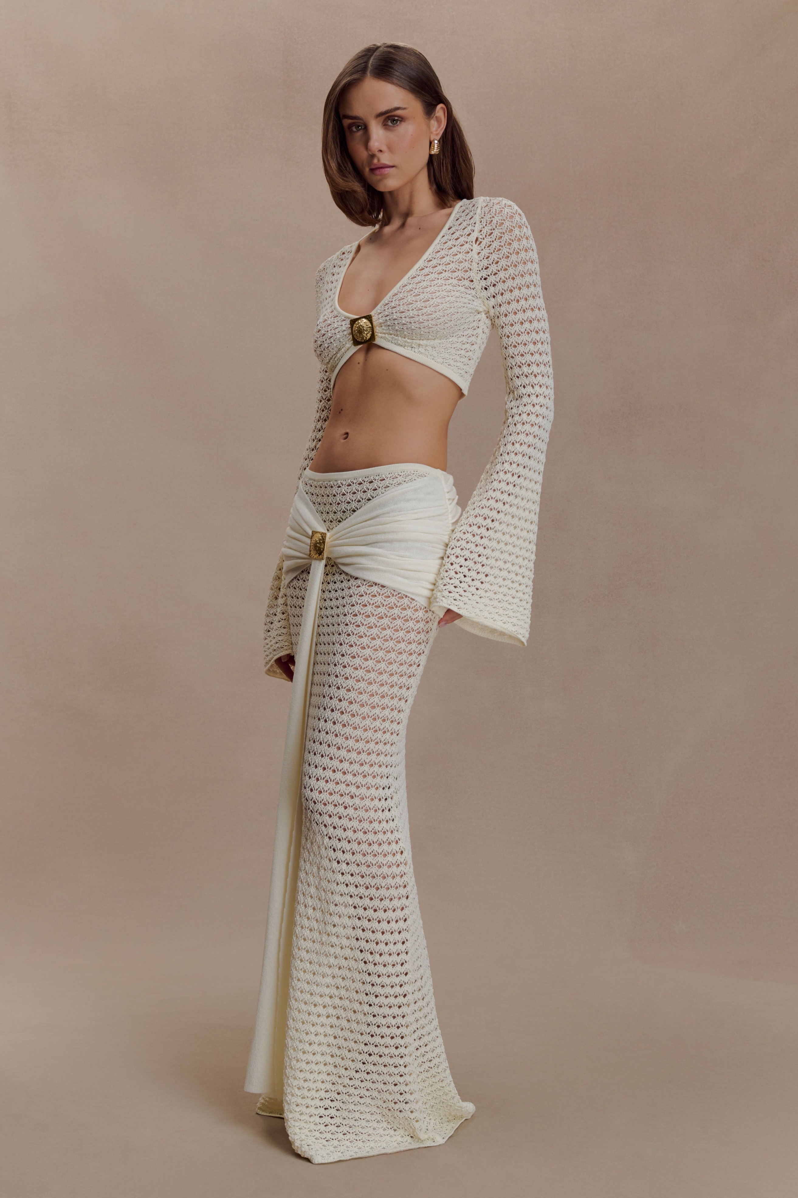 Crochet See-Through Metal Decorations Top & Low Waist Skirt Set