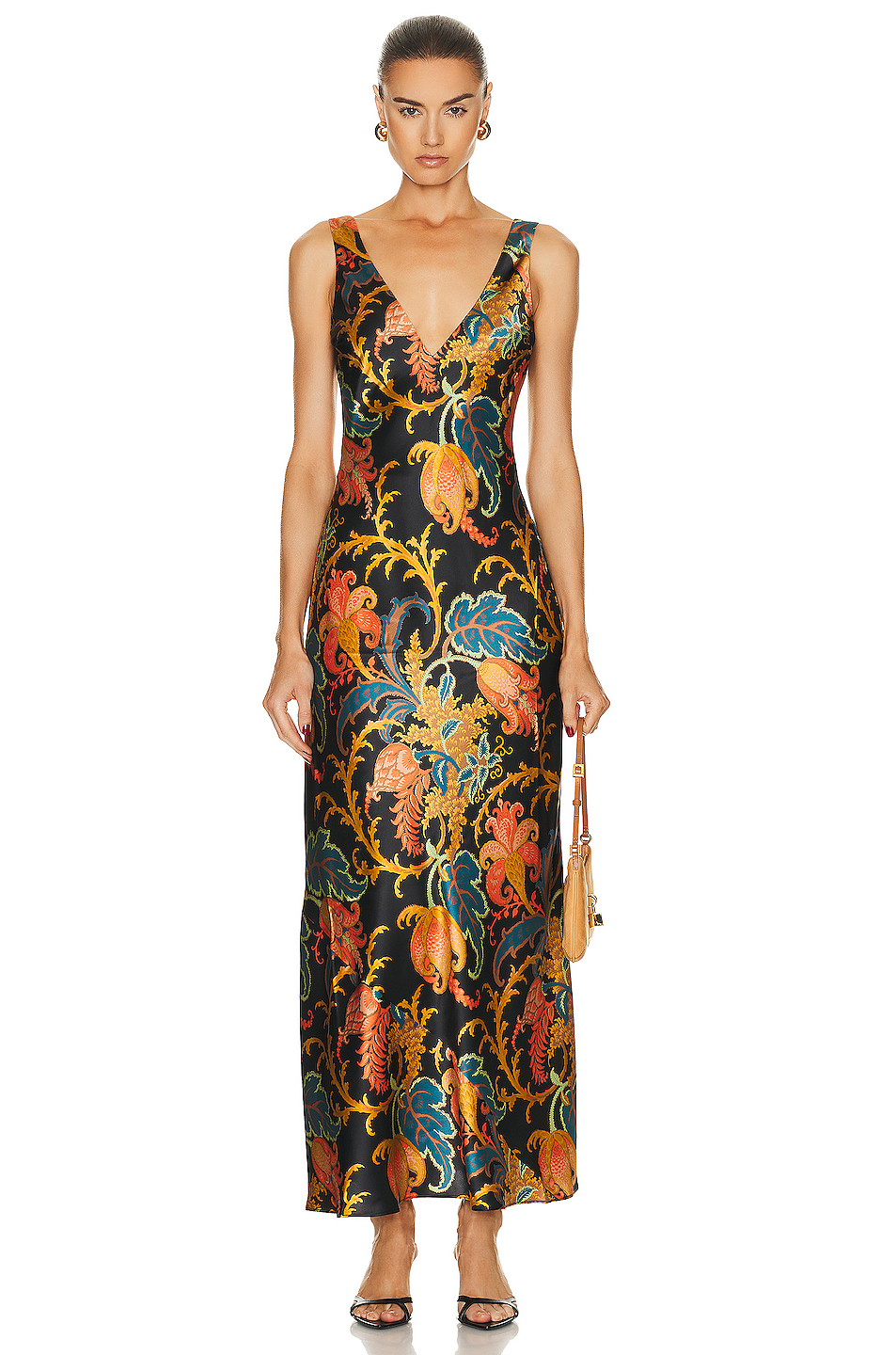 Satin Floral V-Neck Maxi Dress