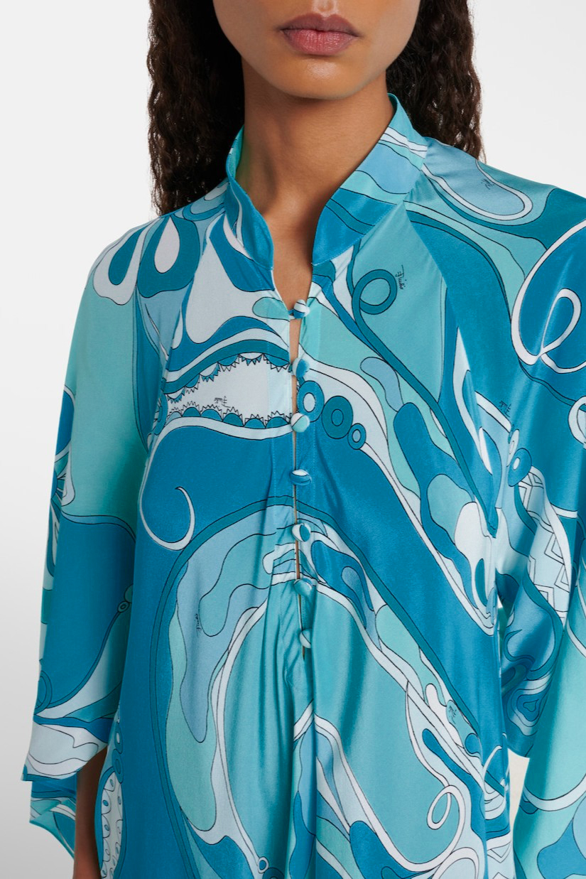 Abstract Print Single Breasted Batwing Sleeve Midi Dress