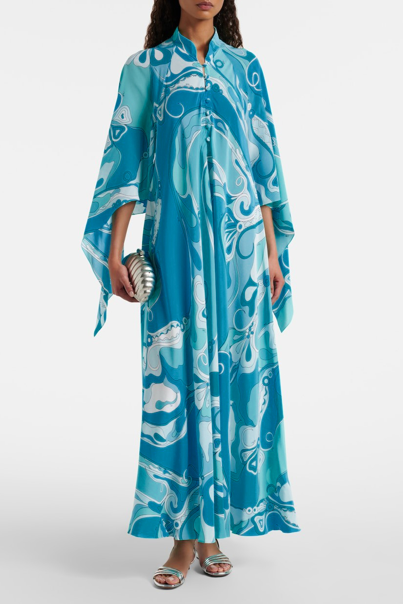 Abstract Print Single Breasted Batwing Sleeve Midi Dress
