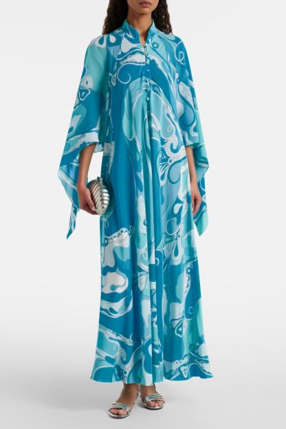 Abstract Print Single Breasted Batwing Sleeve Midi Dress