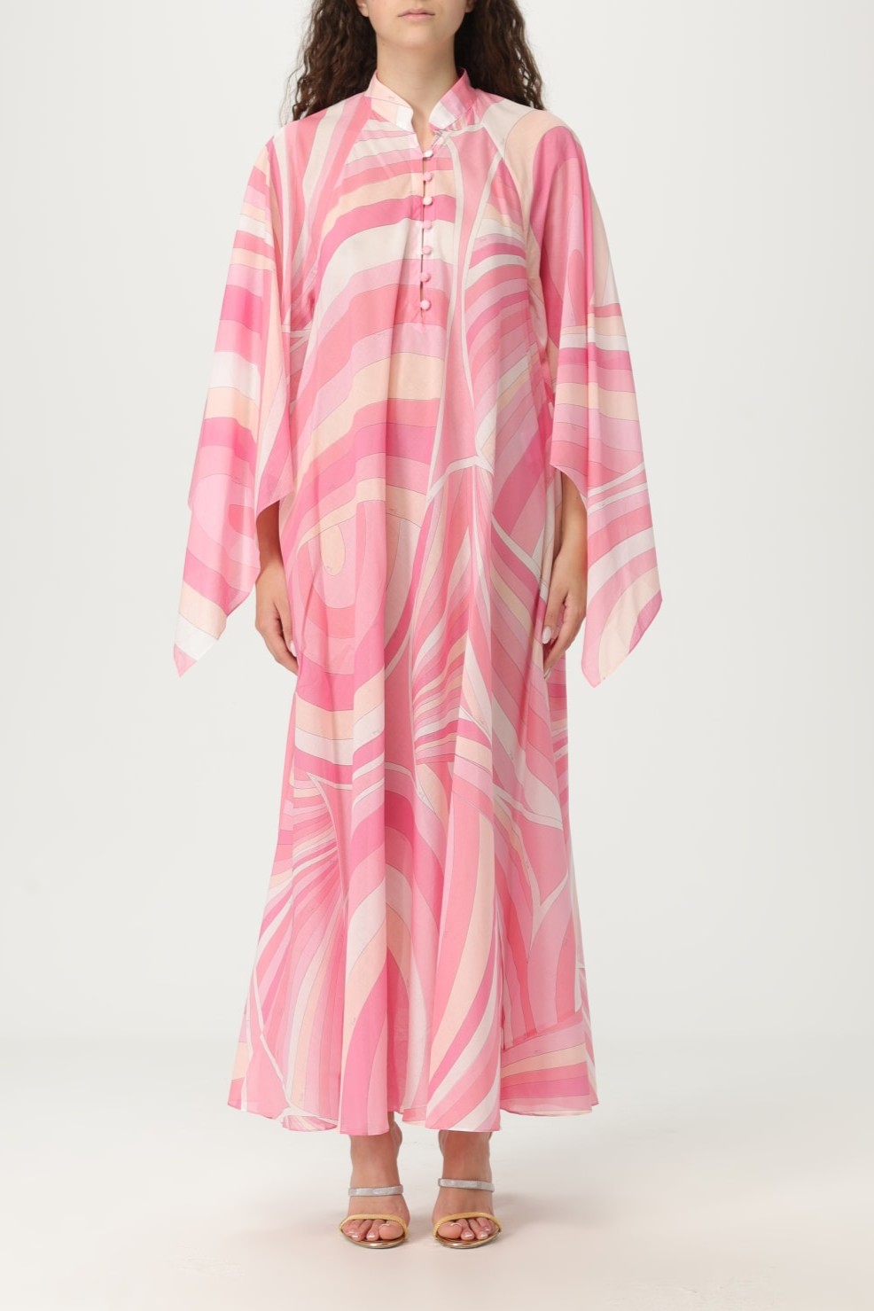 Abstract Print Single Breasted Batwing Sleeve Midi Dress