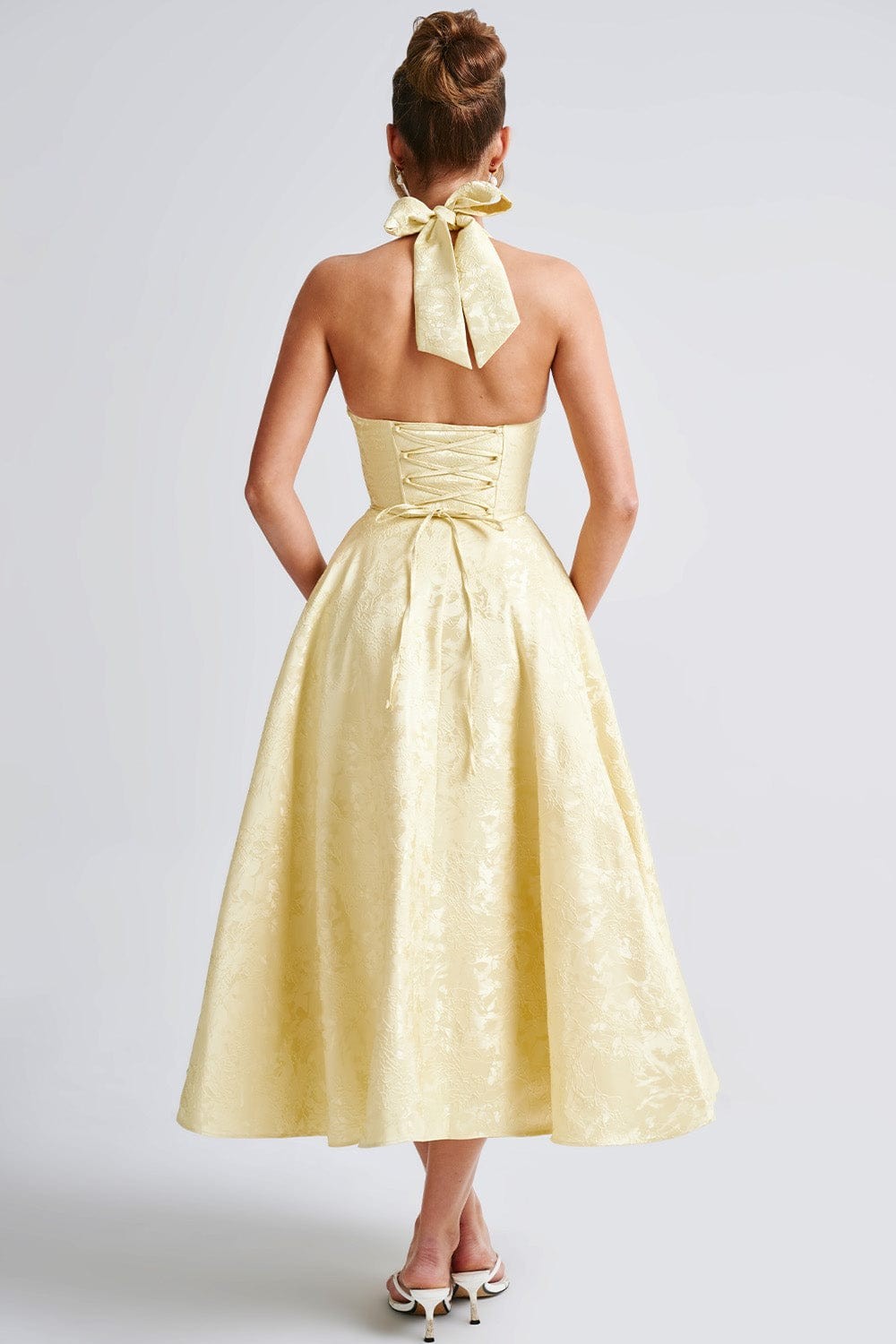 Jacquard A Line Sleeveless Halter Neck Bow Backless With Lace Up Detail  Midi Dress