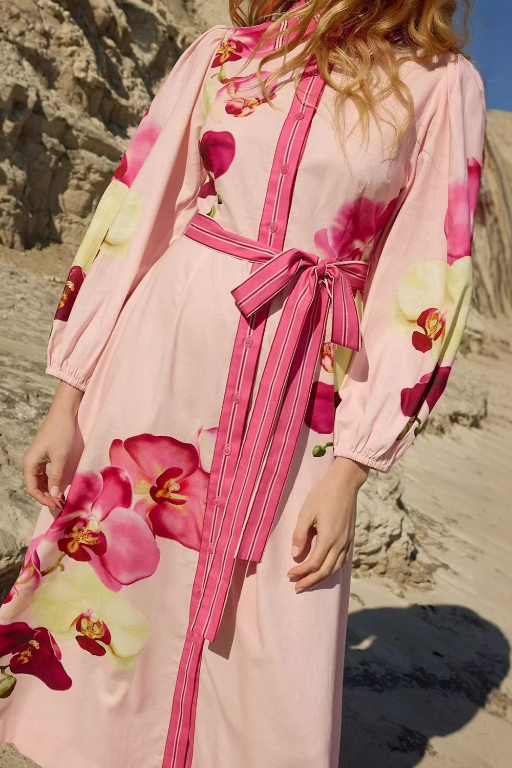 Floral Single Breasted Long Sleeve Midi Dress