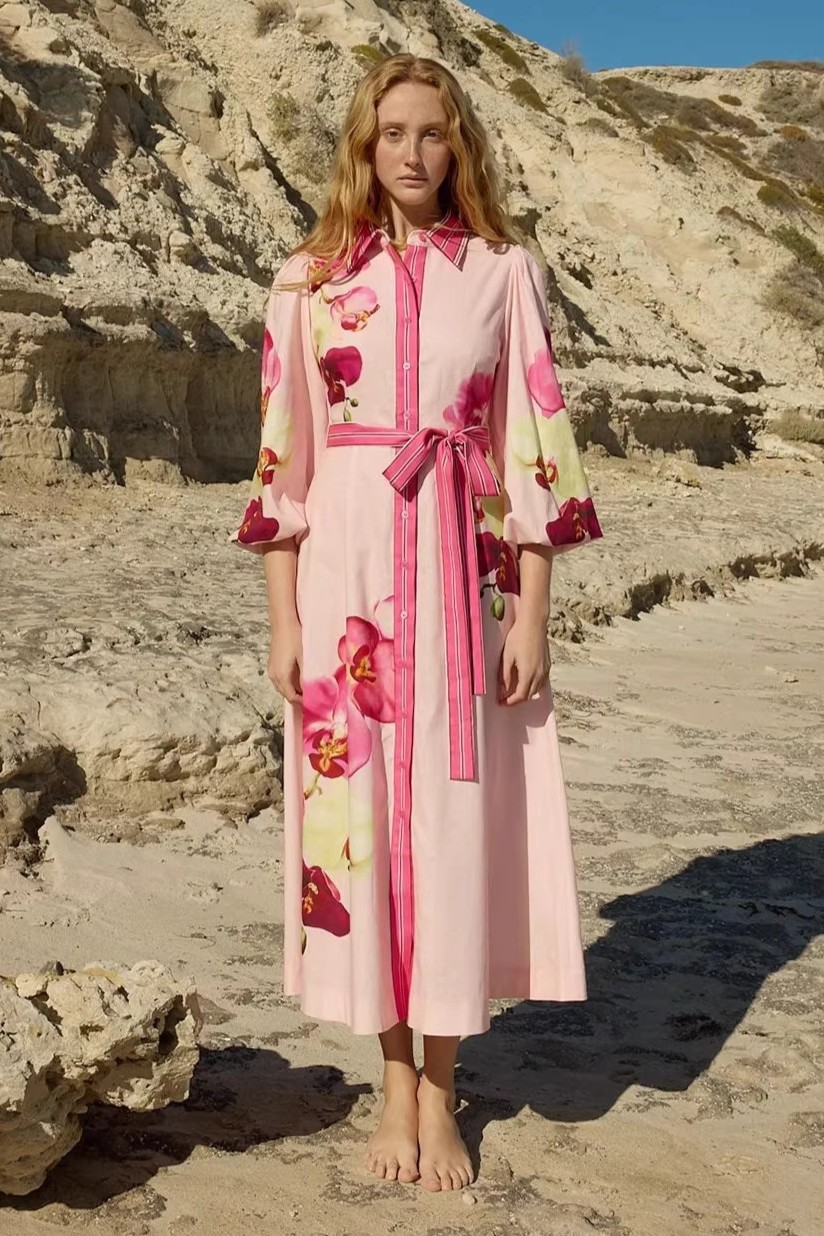 Floral Single Breasted Long Sleeve Midi Dress
