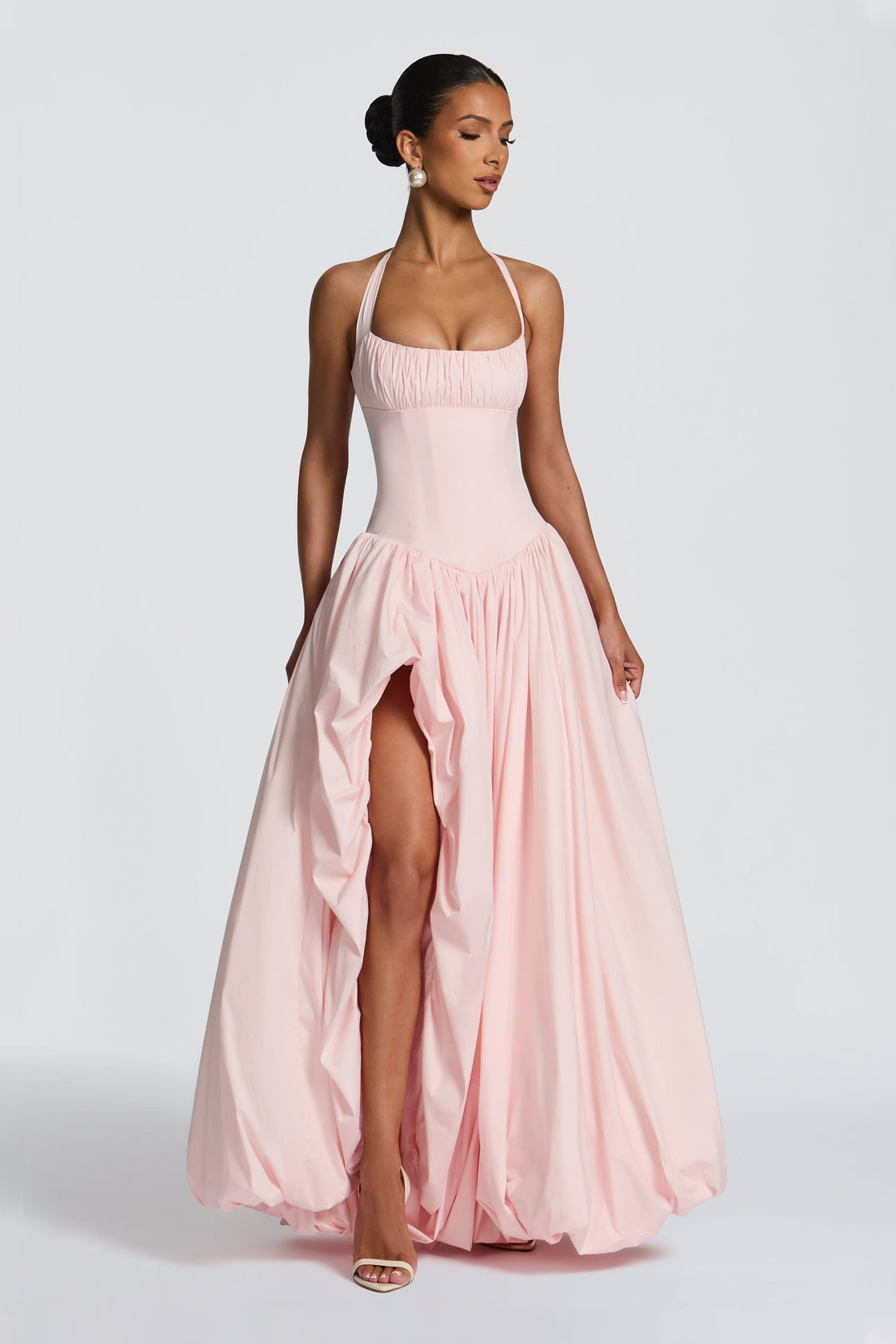Solid Halter Neck Gathering Maxi Dress