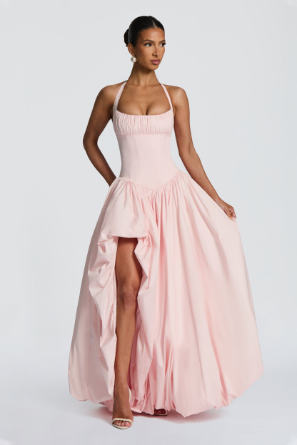 Solid Halter Neck Gathering Maxi Dress