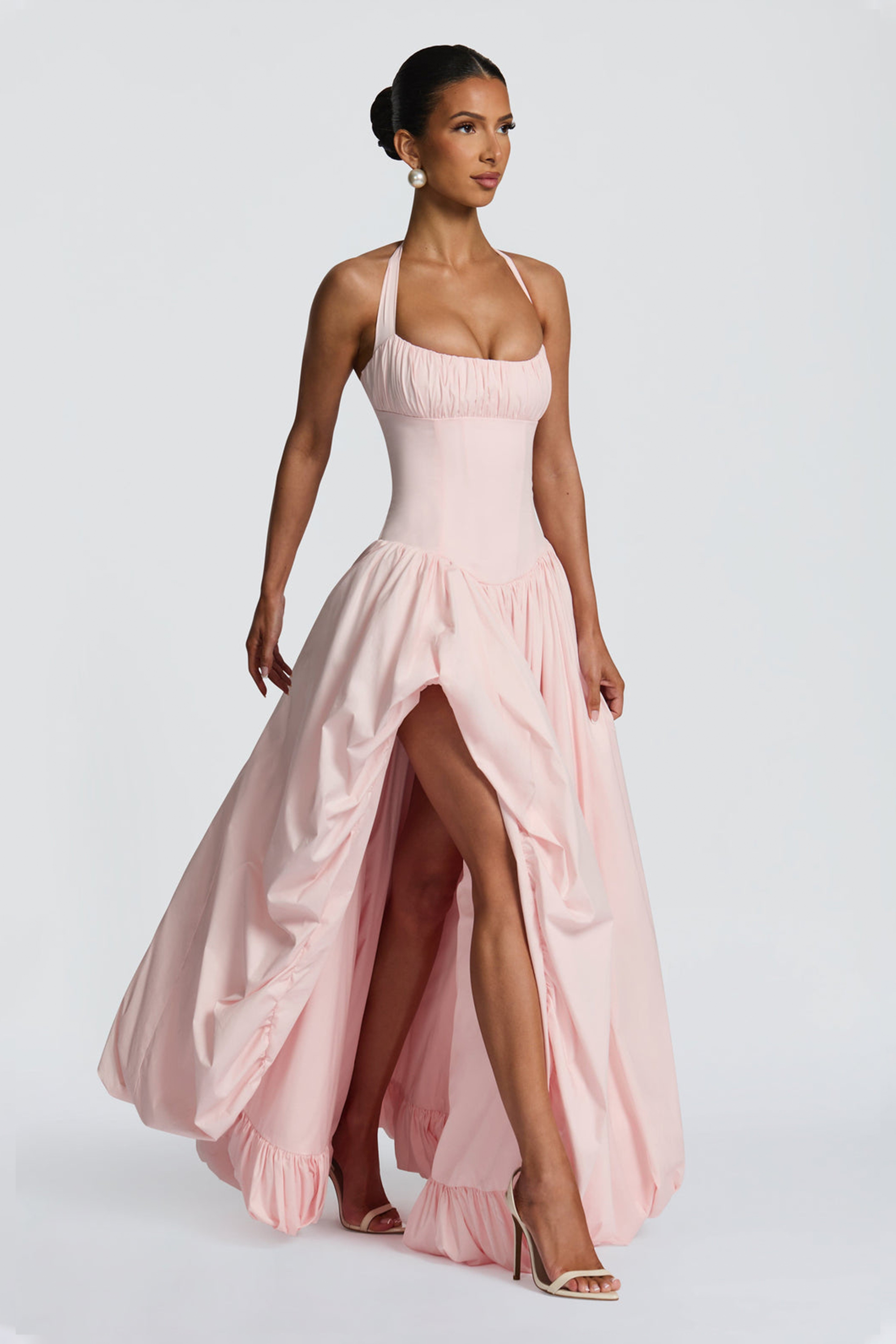 Solid Halter Neck Gathering Maxi Dress