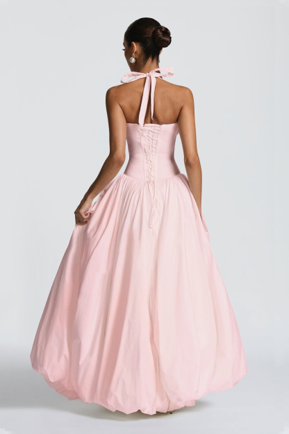 Solid Halter Neck Gathering Maxi Dress