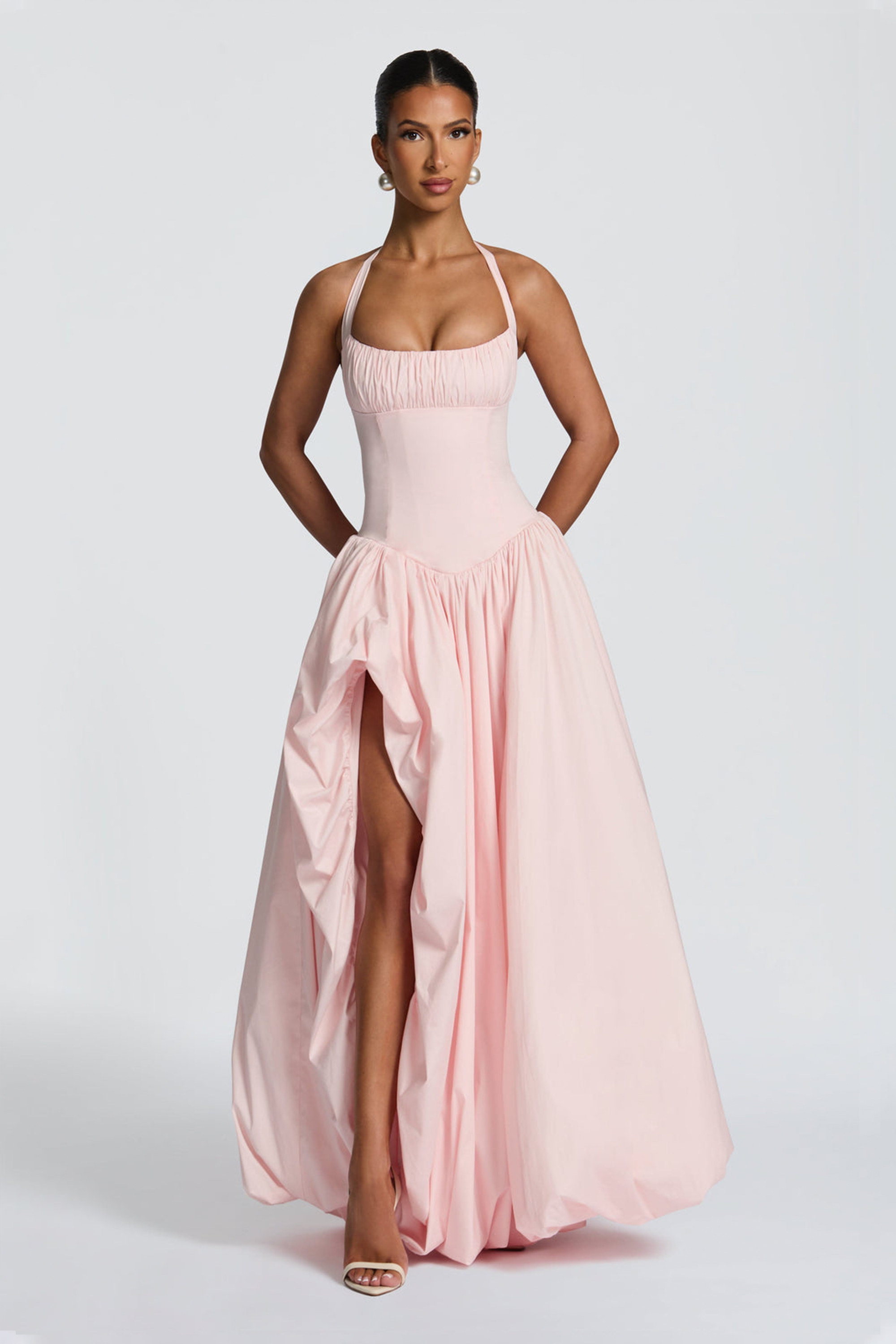 Solid Halter Neck Gathering Maxi Dress