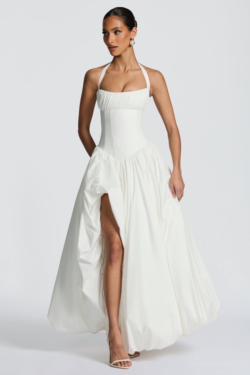Solid Halter Neck Gathering Maxi Dress