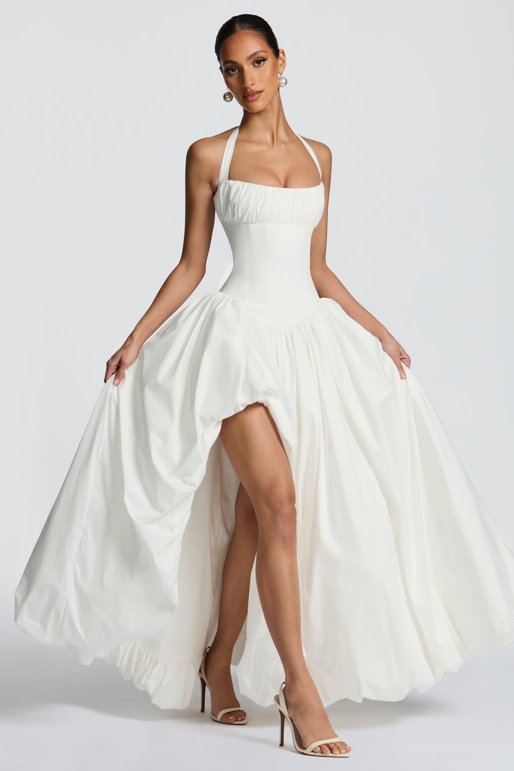 Solid Halter Neck Gathering Maxi Dress