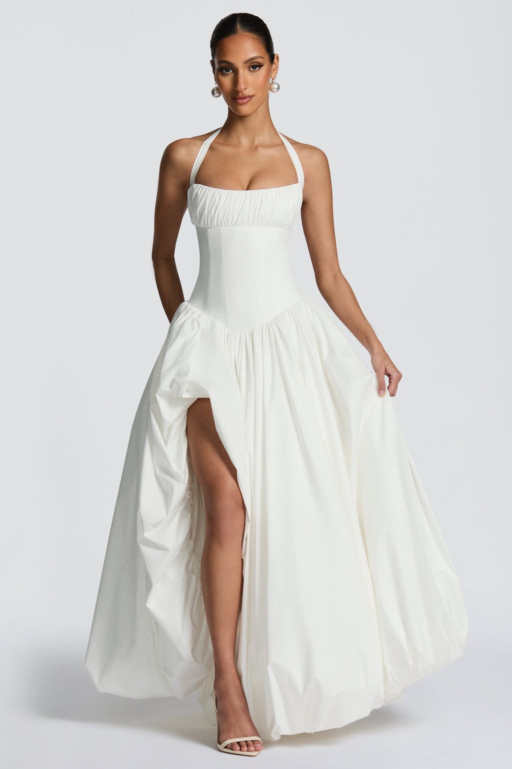 Solid Halter Neck Gathering Maxi Dress