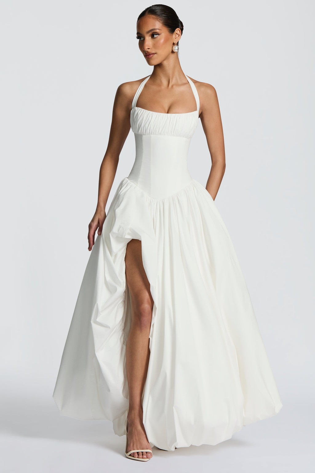 Solid Halter Neck Gathering Maxi Dress