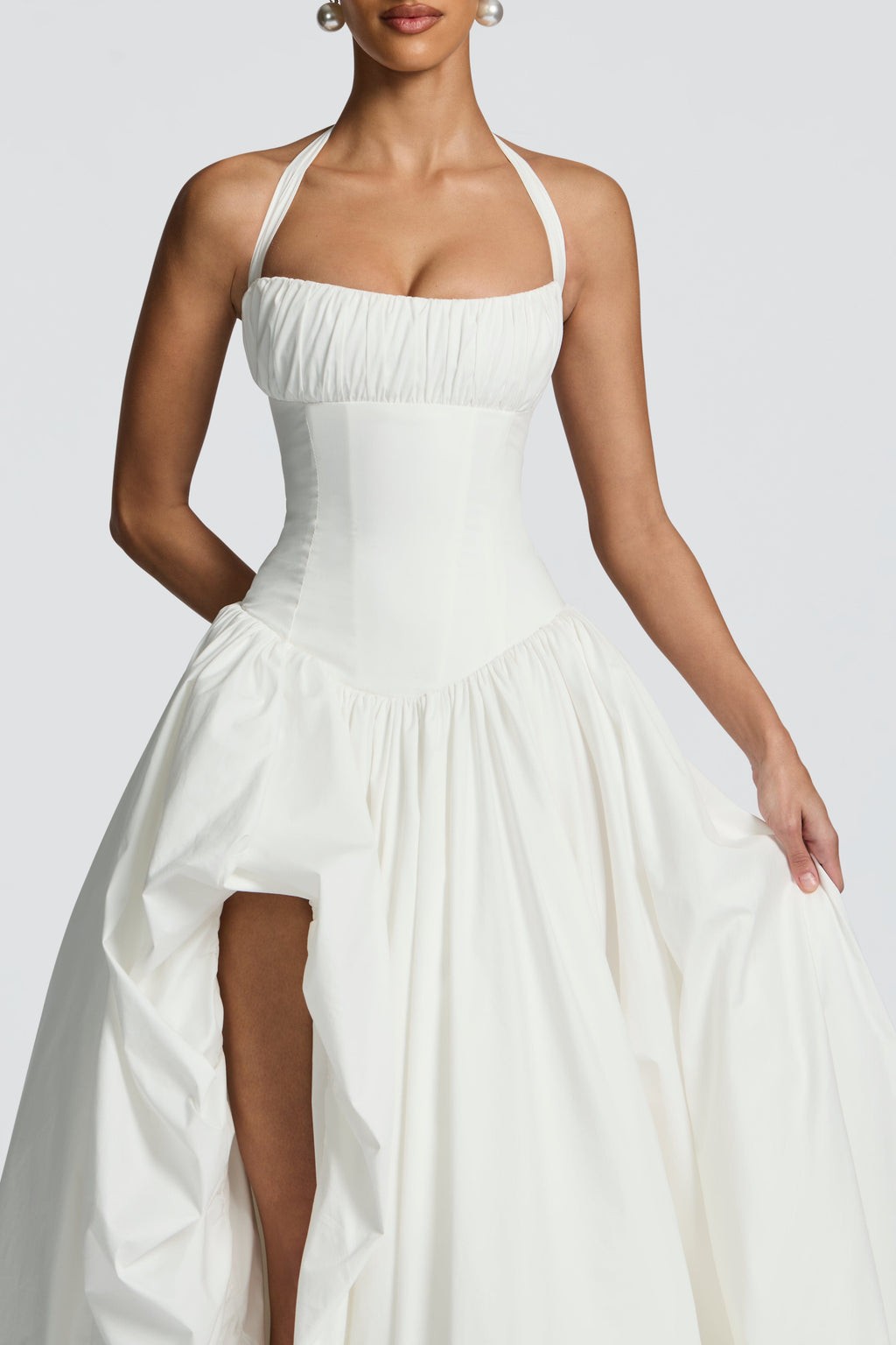 Solid Halter Neck Gathering Maxi Dress