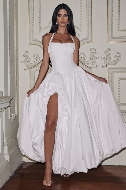 Solid Halter Neck Gathering Maxi Dress
