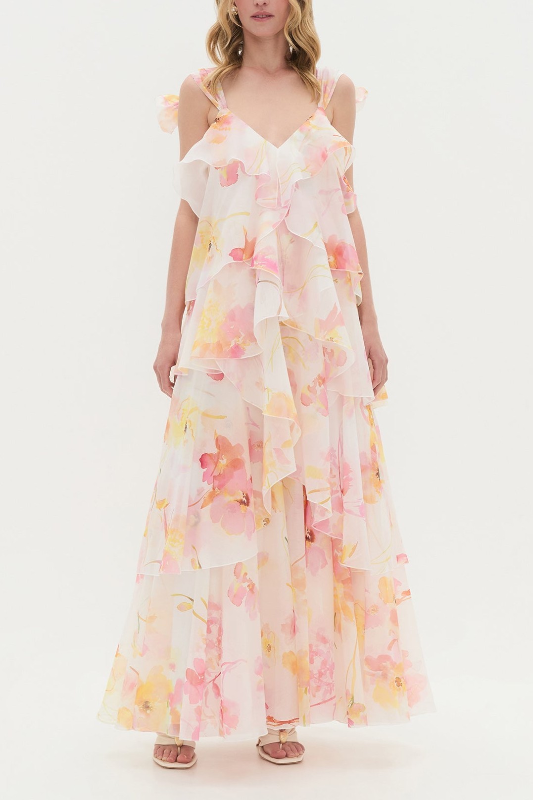 Floral Ruffle Tie-Up Maxi Dress