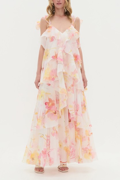 Floral Ruffle Tie-Up Maxi Dress