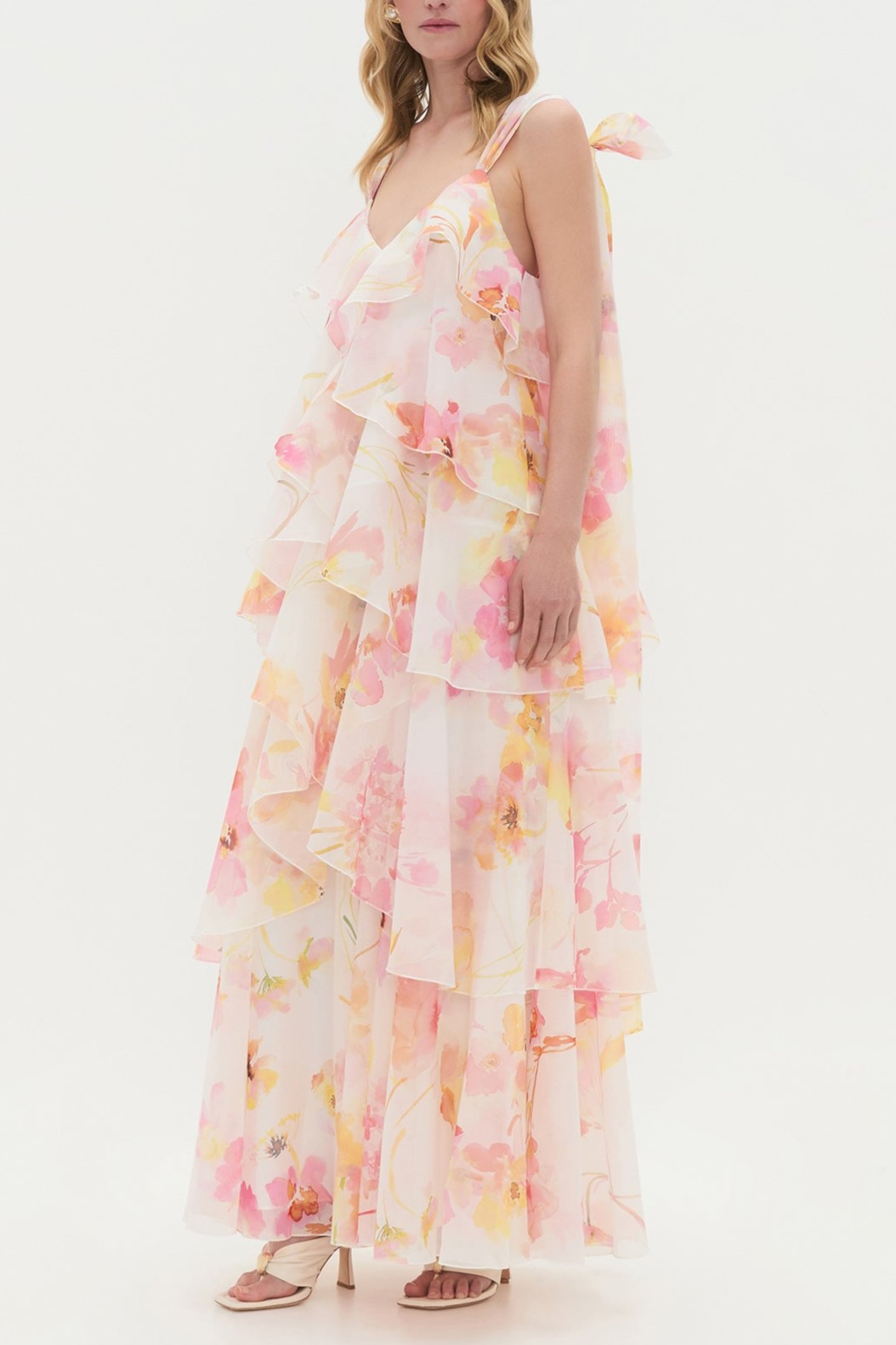 Floral Ruffle Tie-Up Maxi Dress