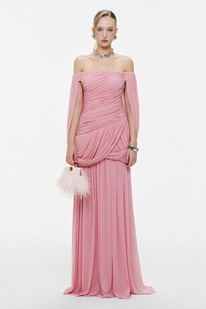 Mesh Off Shoulder Gathering Maxi Dress