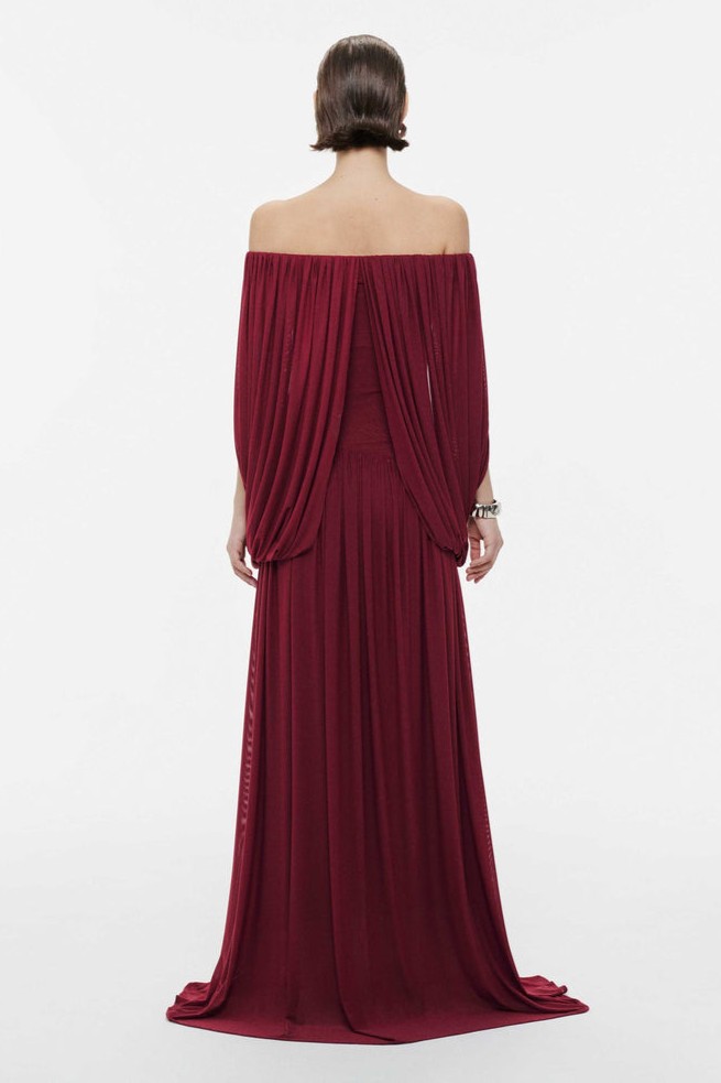Mesh Off Shoulder Gathering Maxi Dress