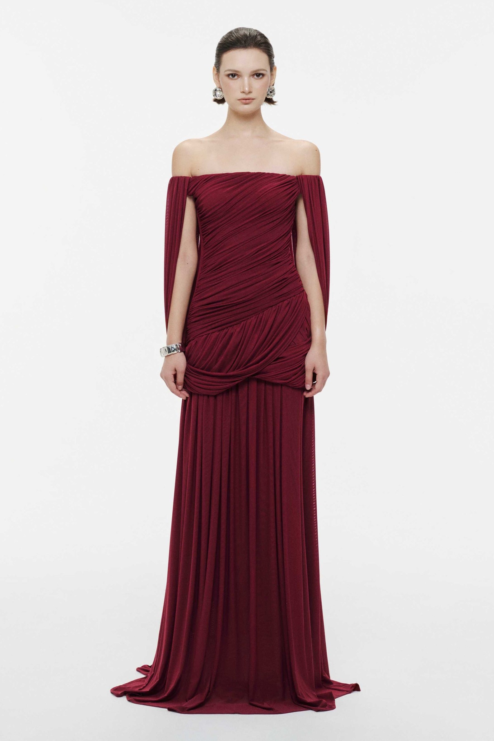 Mesh Off Shoulder Gathering Maxi Dress