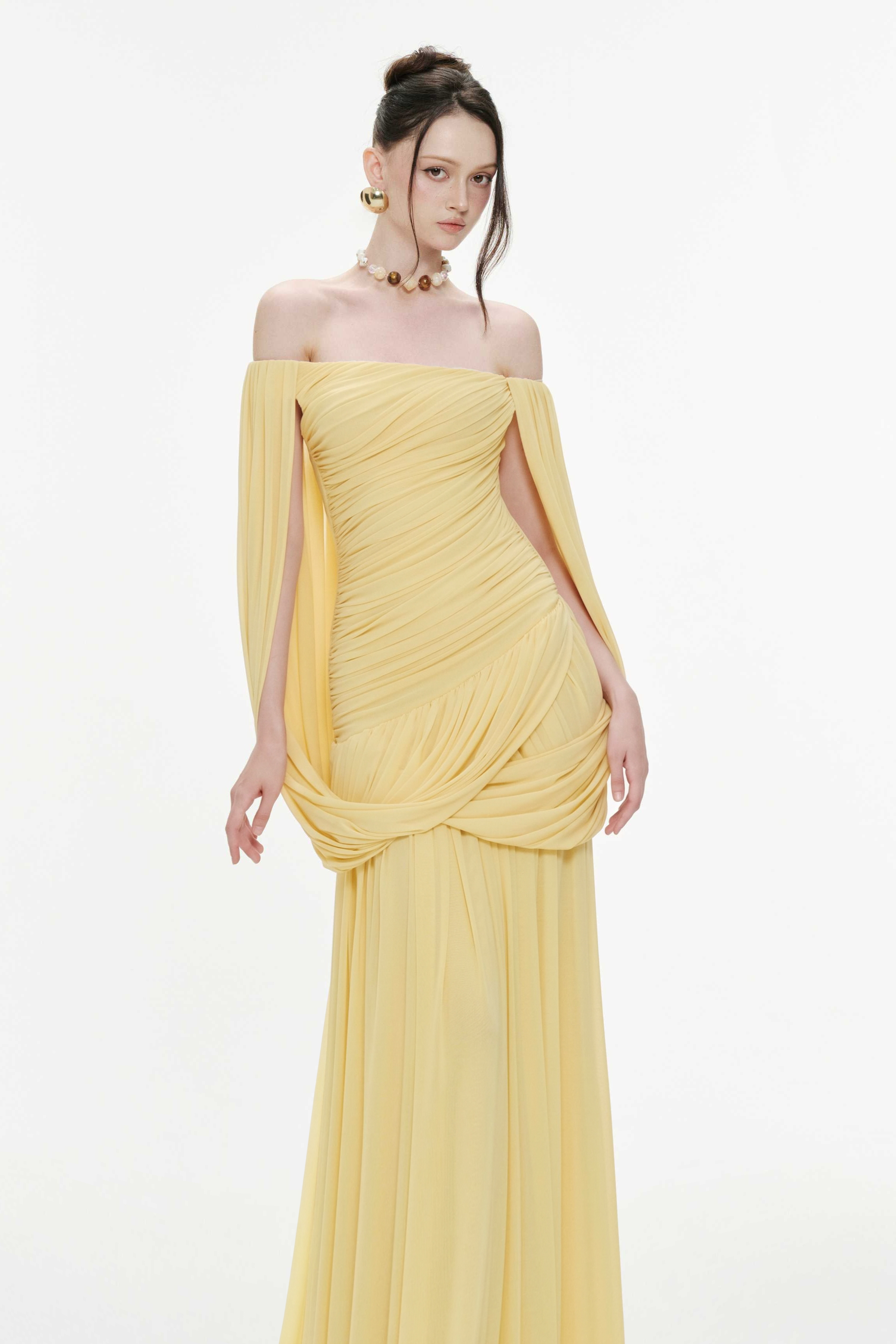 Mesh Off Shoulder Gathering Maxi Dress