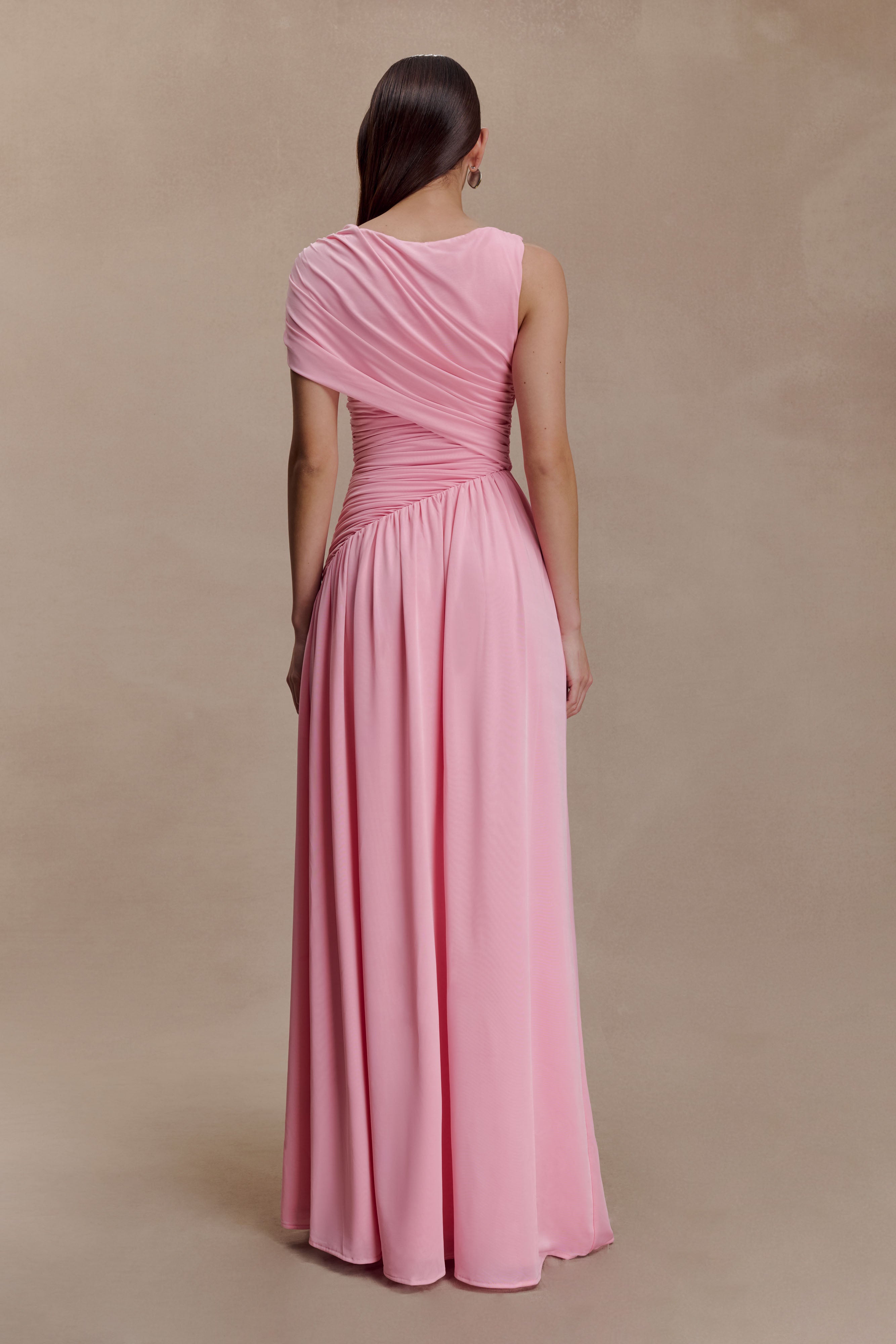 Solid Ruched Asymmetric Maxi Dress