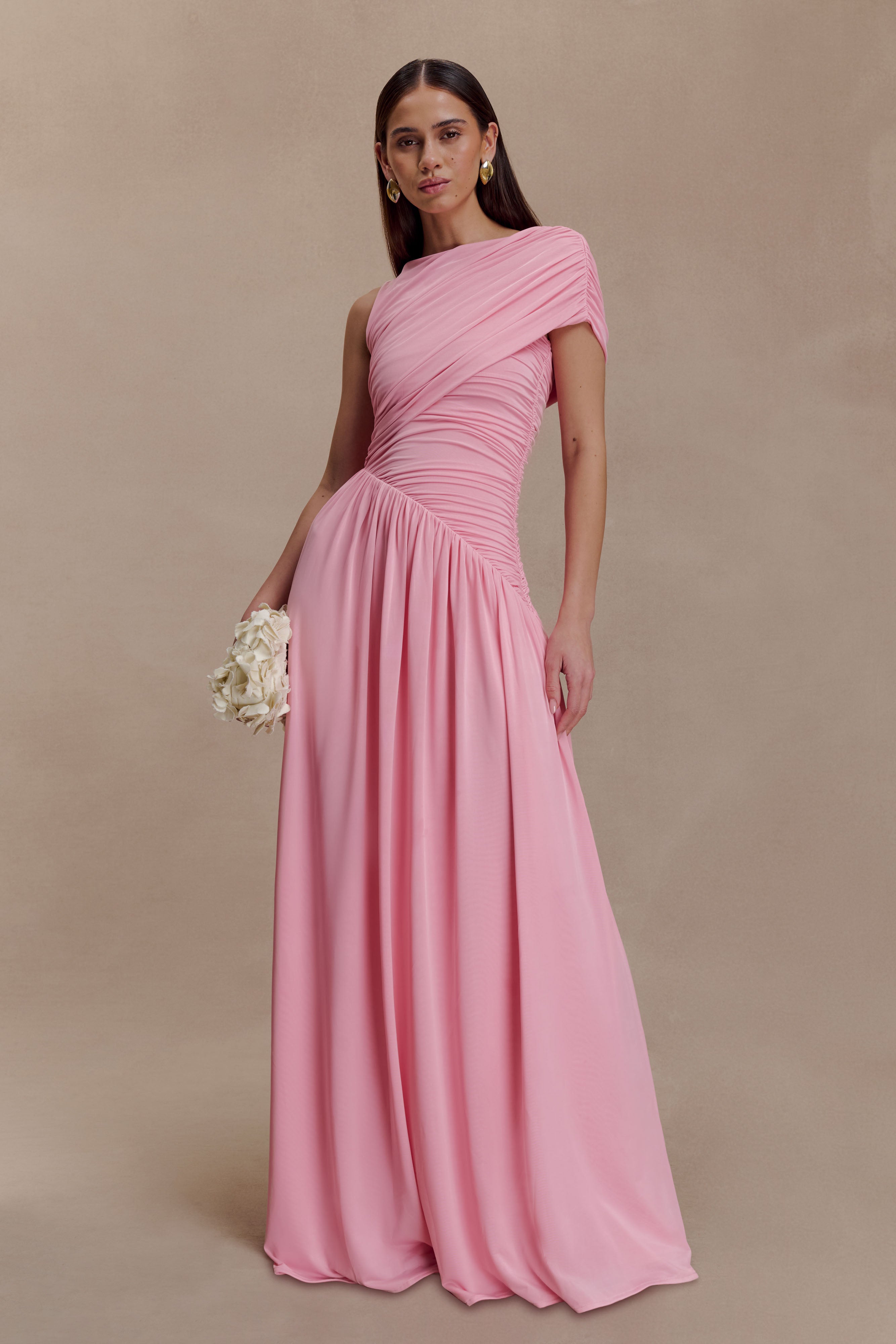 Solid Ruched Asymmetric Maxi Dress