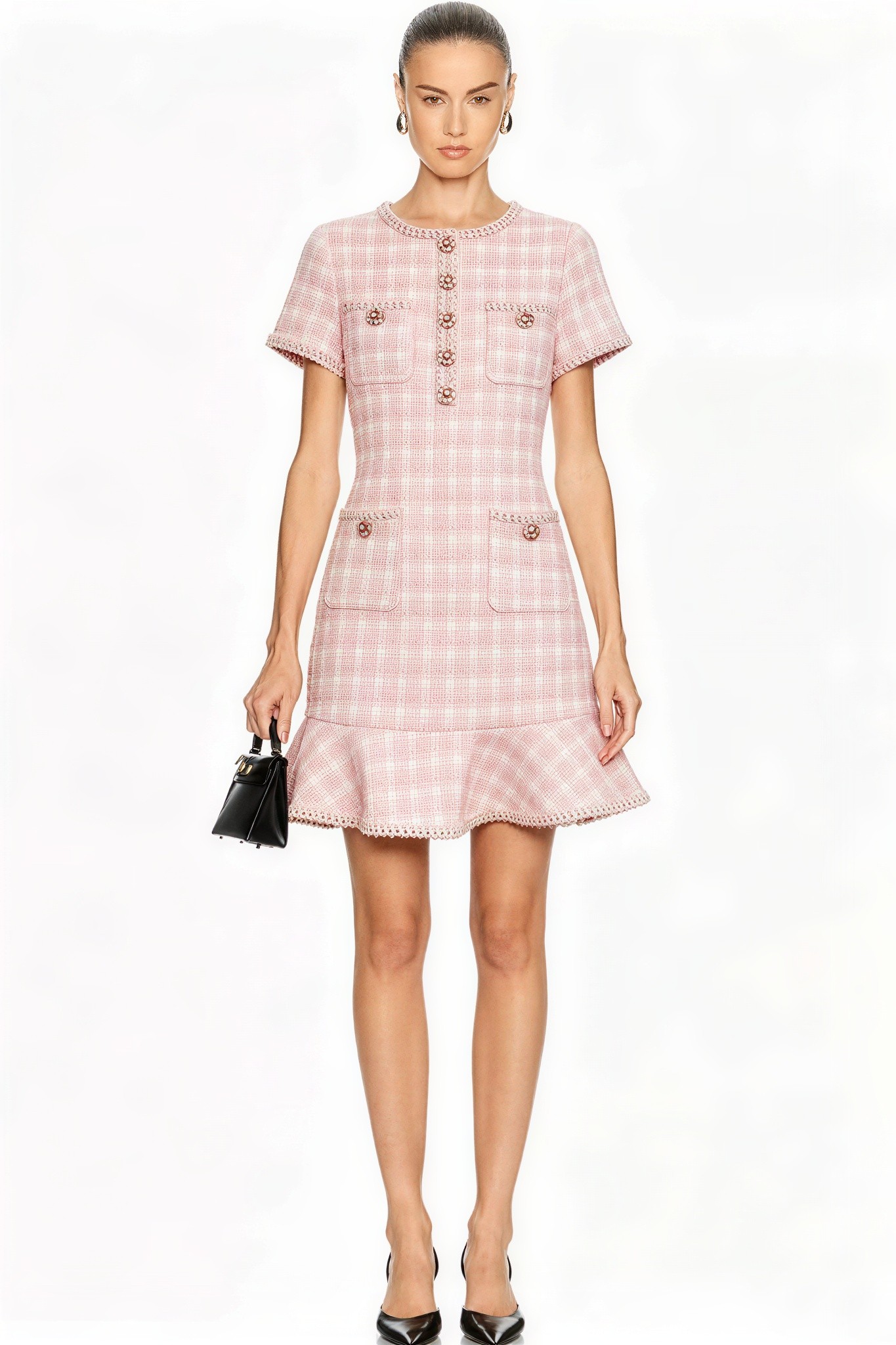 Tweed Metal Button Ruffle Mini Dress