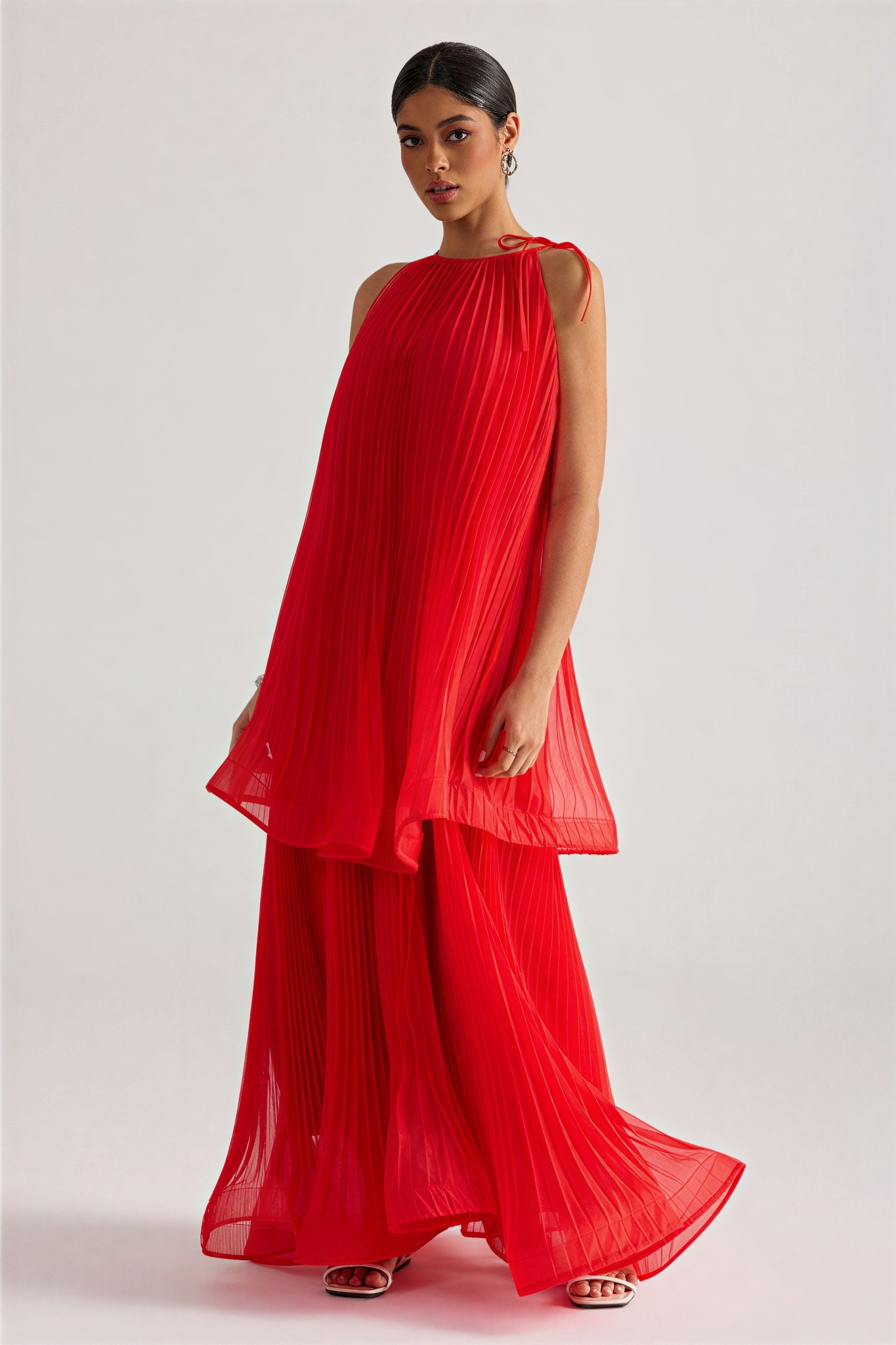 Solid Pleated Tie-Up Maxi Dress
