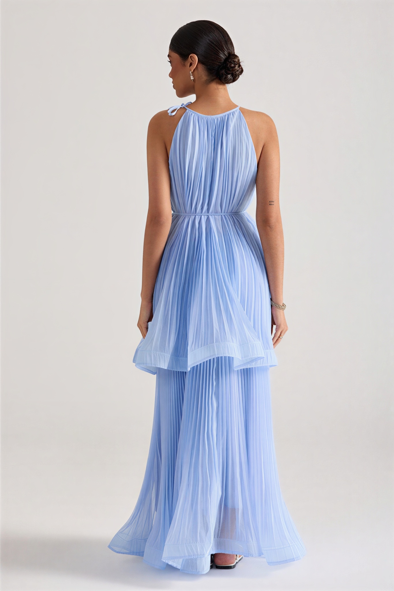 Solid Pleated Tie-Up Maxi Dress