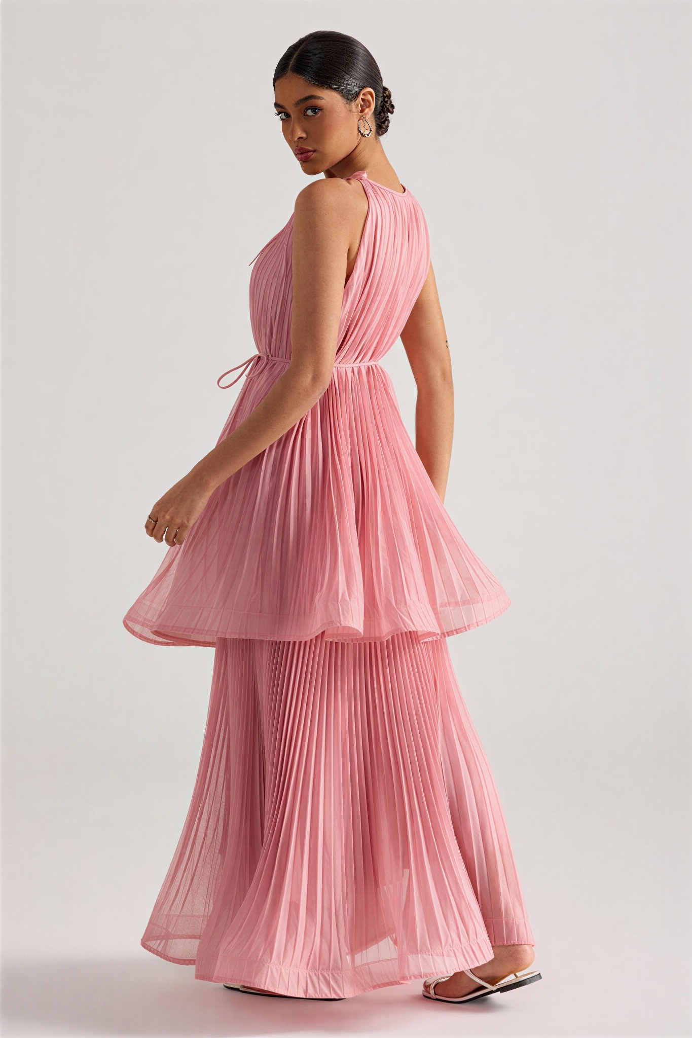 Solid Pleated Tie-Up Maxi Dress